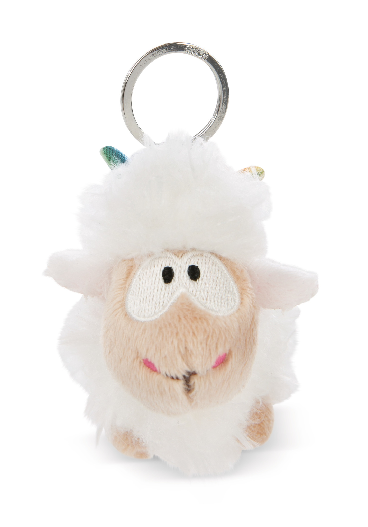 Ein weißer Schaf-Schlüsselanhänger mit flauschigem Körper und lächelndem Gesicht.