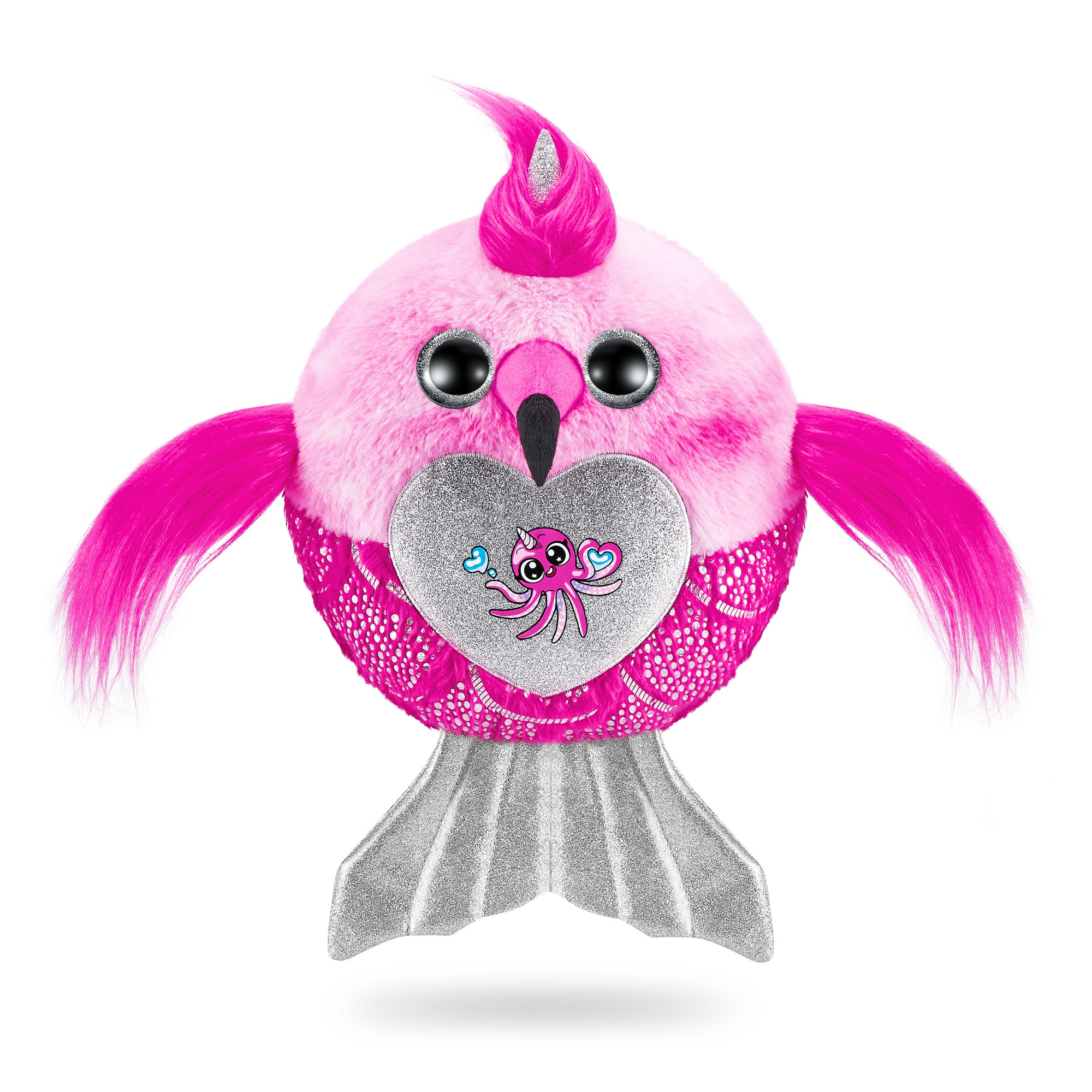 Jouet hybride sirène-oiseau en peluche, rose avec accents argentés, cœur. Fond blanc.