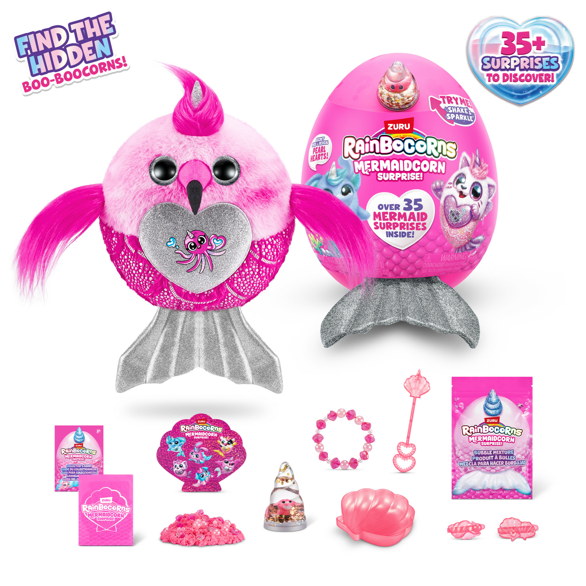 Rainbocorns Mermaidcorn Surprise ! Œuf rose avec sirène jouet, accessoires. Fond blanc.