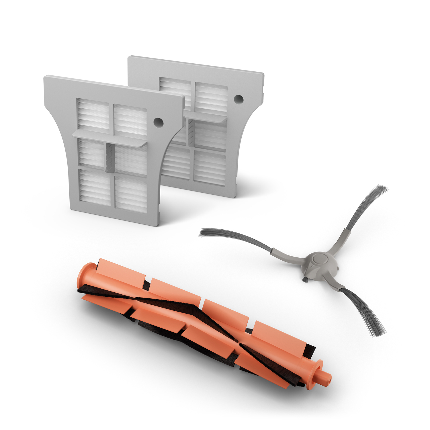 Filter und Bürsten für Roboter-Staubsauger. Zwei Filter, Bürste mit orangefarbenen und schwarzen Blättern.