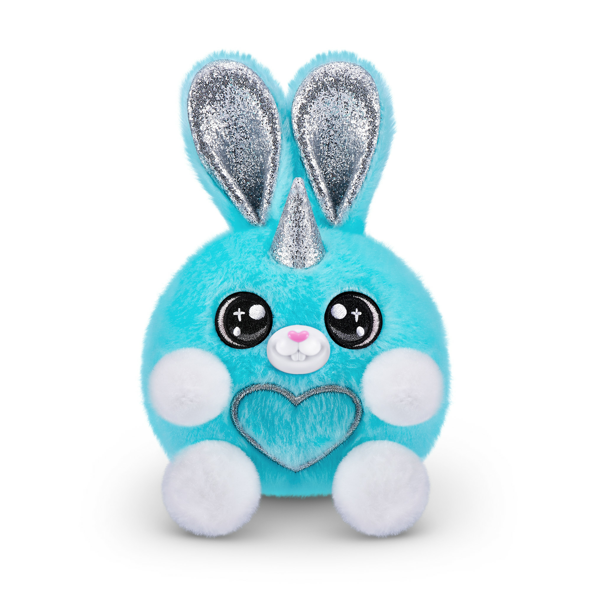 Giocattolo coniglietto unicorno blu con orecchie argentate e design a cuore.