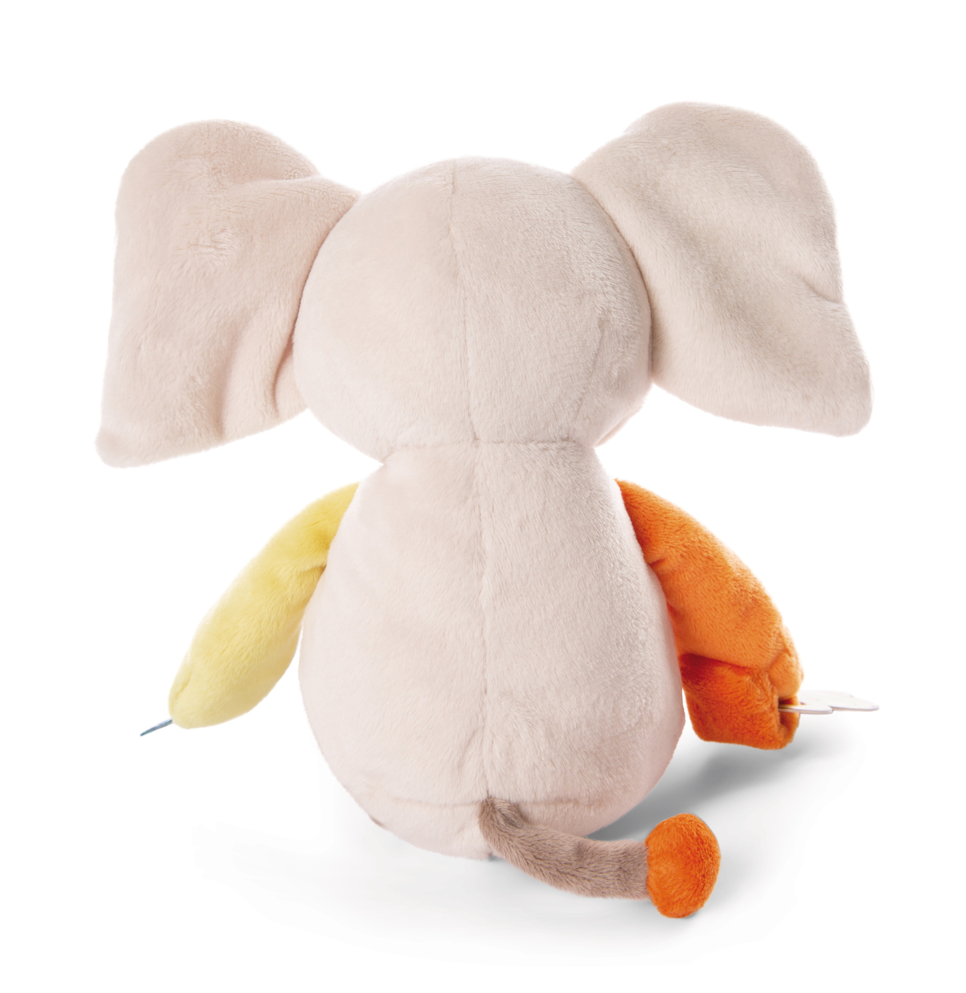 Miękka, biała pluszowa zabawka słonia z kolorowymi ramionami i małym ogonem.