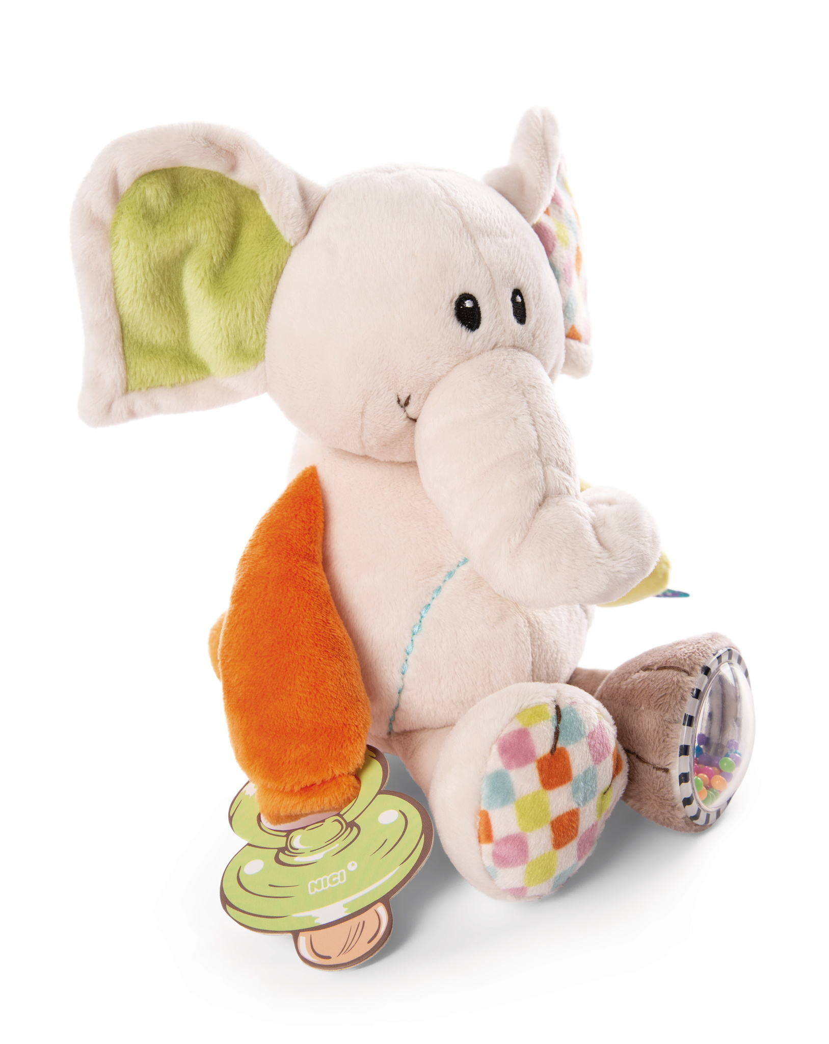 Miękka zabawka słonia w kolorach kremowym i pomarańczowym, trzymająca grzechotkę i zielone ucho.