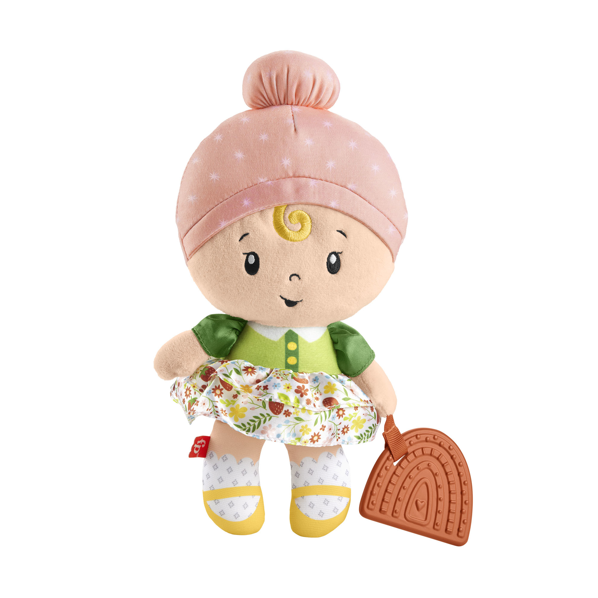 Lalka w sukience z różowym kapeluszem i brązową zabawką w kształcie tęczy.