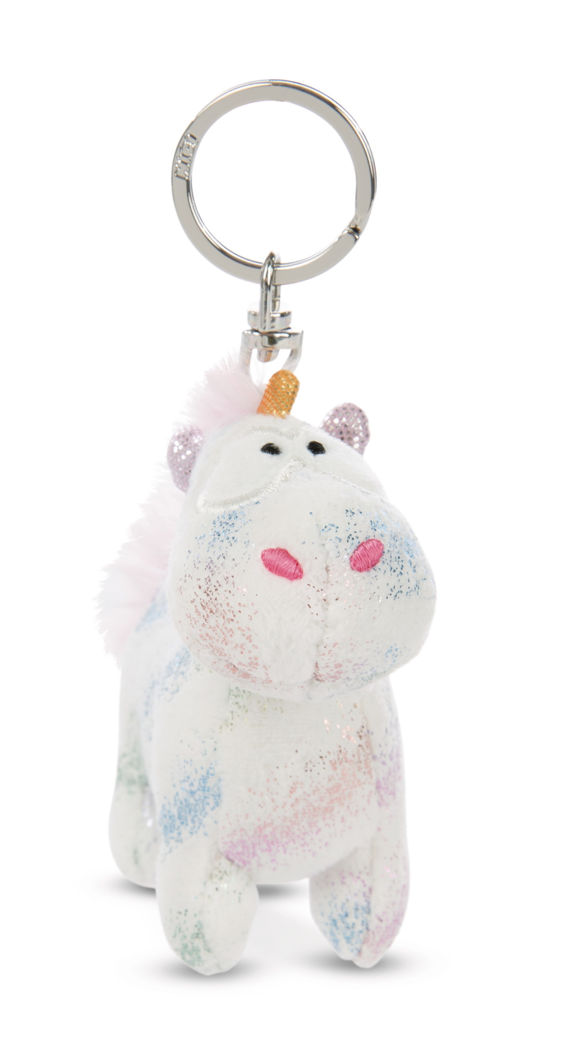 Weißes Einhorn-Plüschtier mit silbernem Schlüsselanhänger. Es hat glitzernde Akzente.