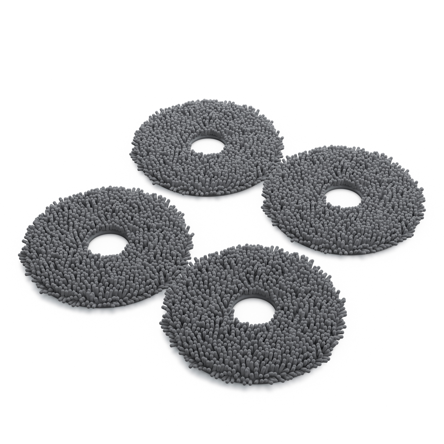 Vier graue Mikrofaser-Mopppads, rund mit zentralem Loch, auf weißer Oberfläche.