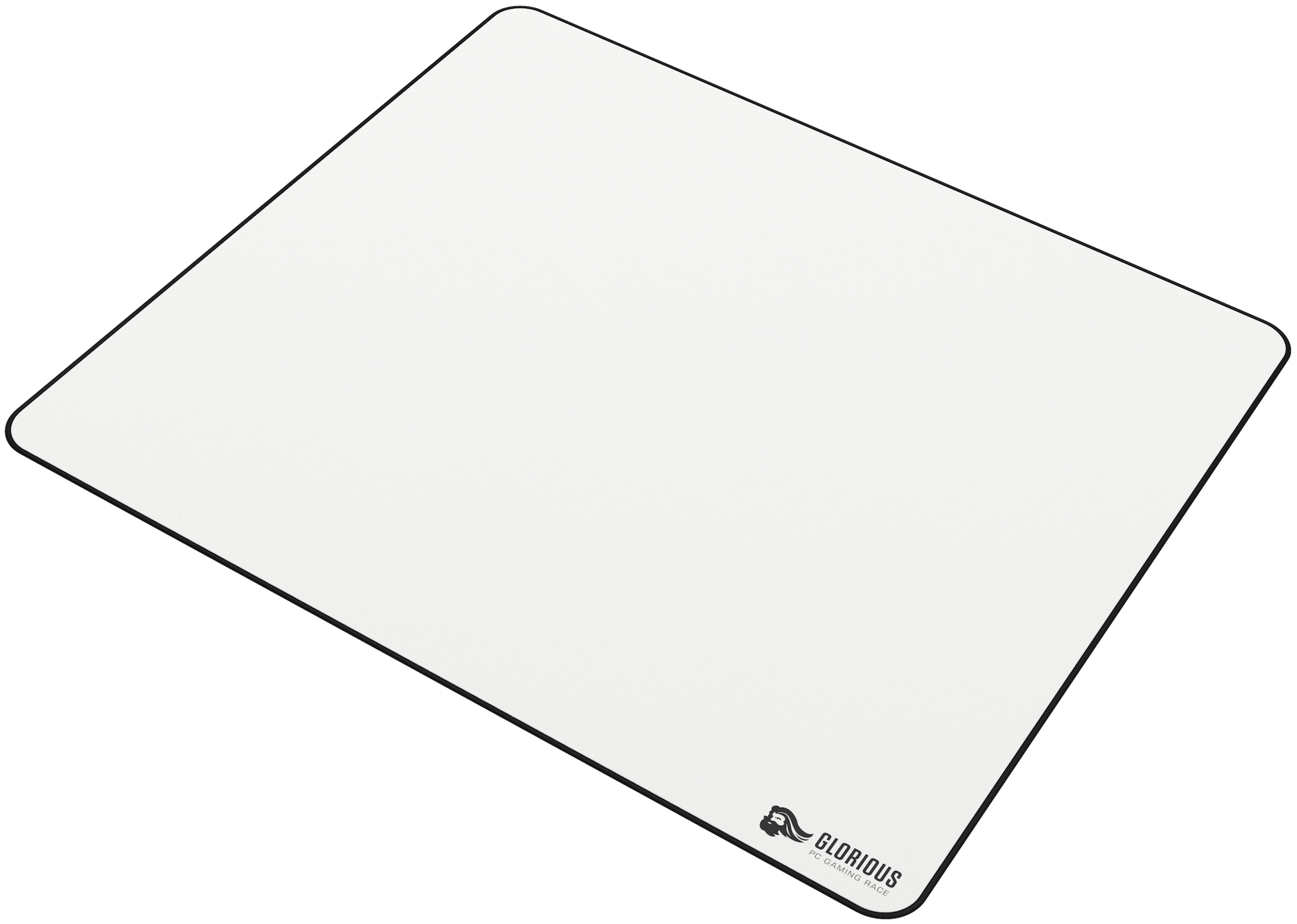 Siyah kenarlıklı beyaz mousepad. Glorious logosu sağ alt köşede. Açılı görünüm.