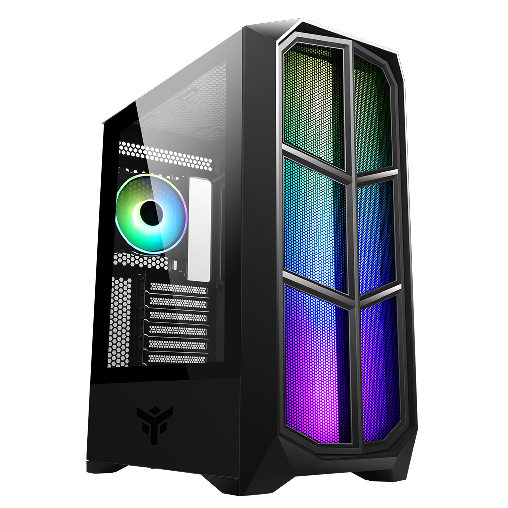 Case per computer nero con pannello frontale colorato e una ventola arcobaleno all'interno.