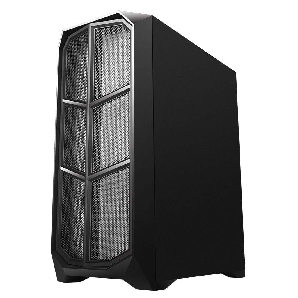 Case per computer nero con pannello frontale a rete, dettagli neri e sfondo bianco.
