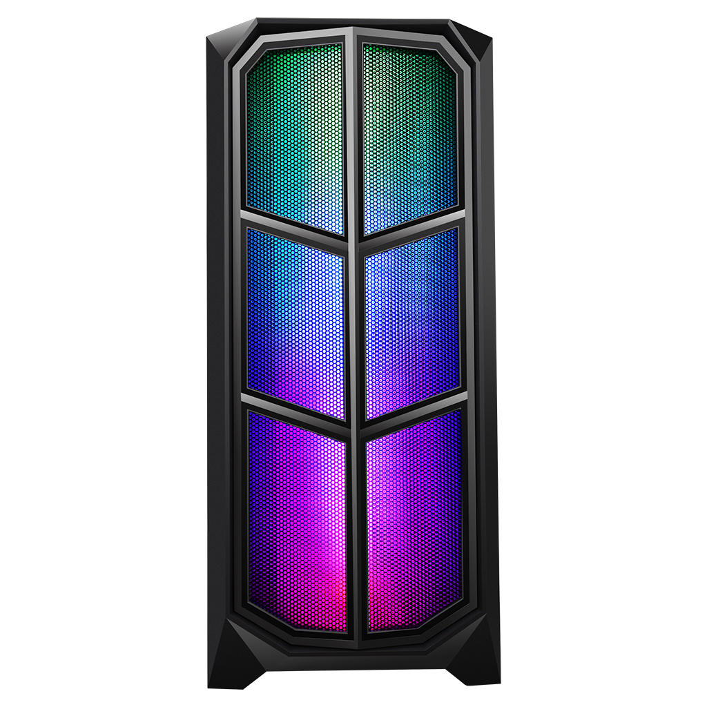 Case per computer nero con pannello frontale a rete con luci RGB. Il case è isolato su bianco.