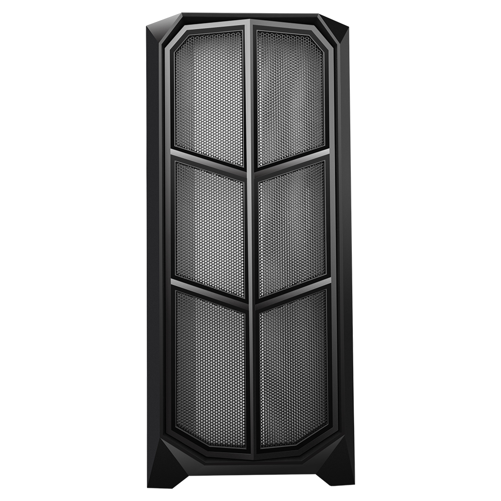 Vista frontale del case del computer nero con design a rete. Ha un motivo geometrico.