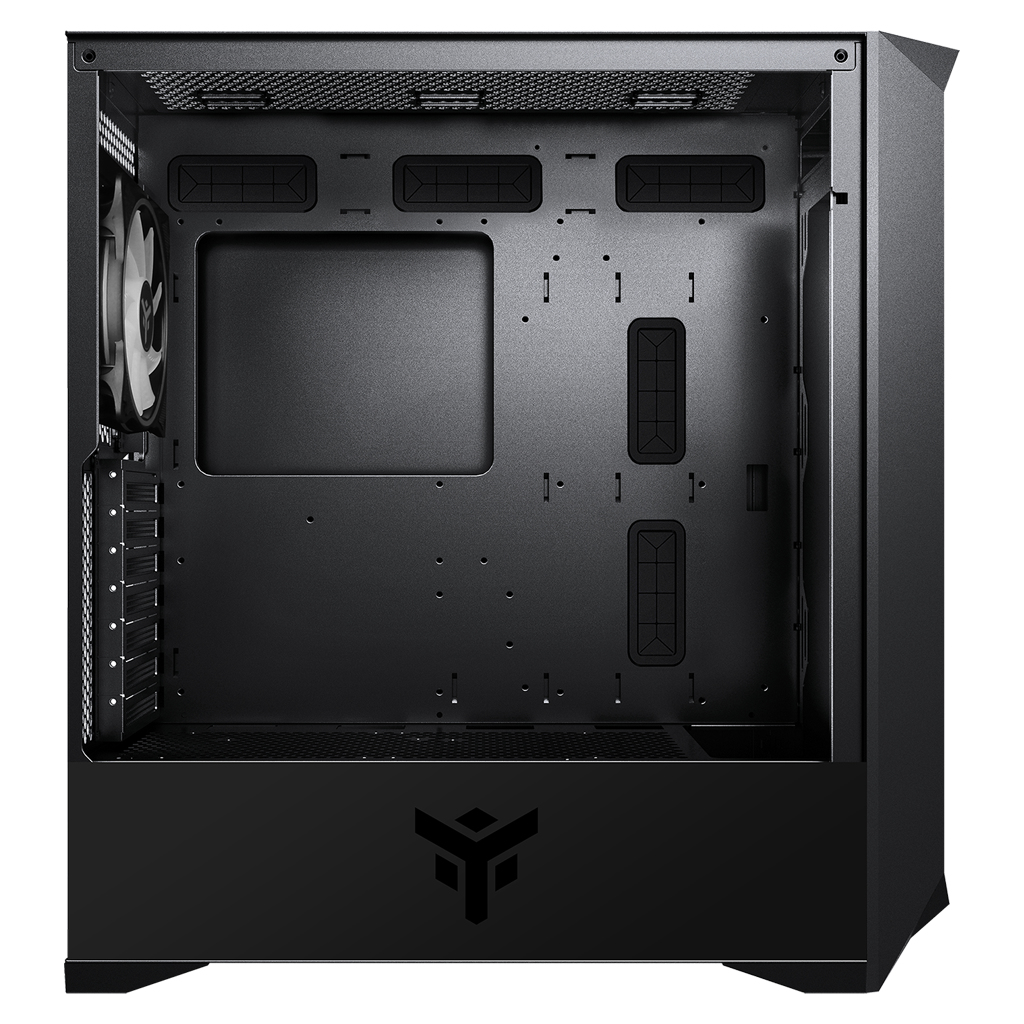 Interno del case per computer nero senza componenti installati. Il pannello frontale ha un logo.