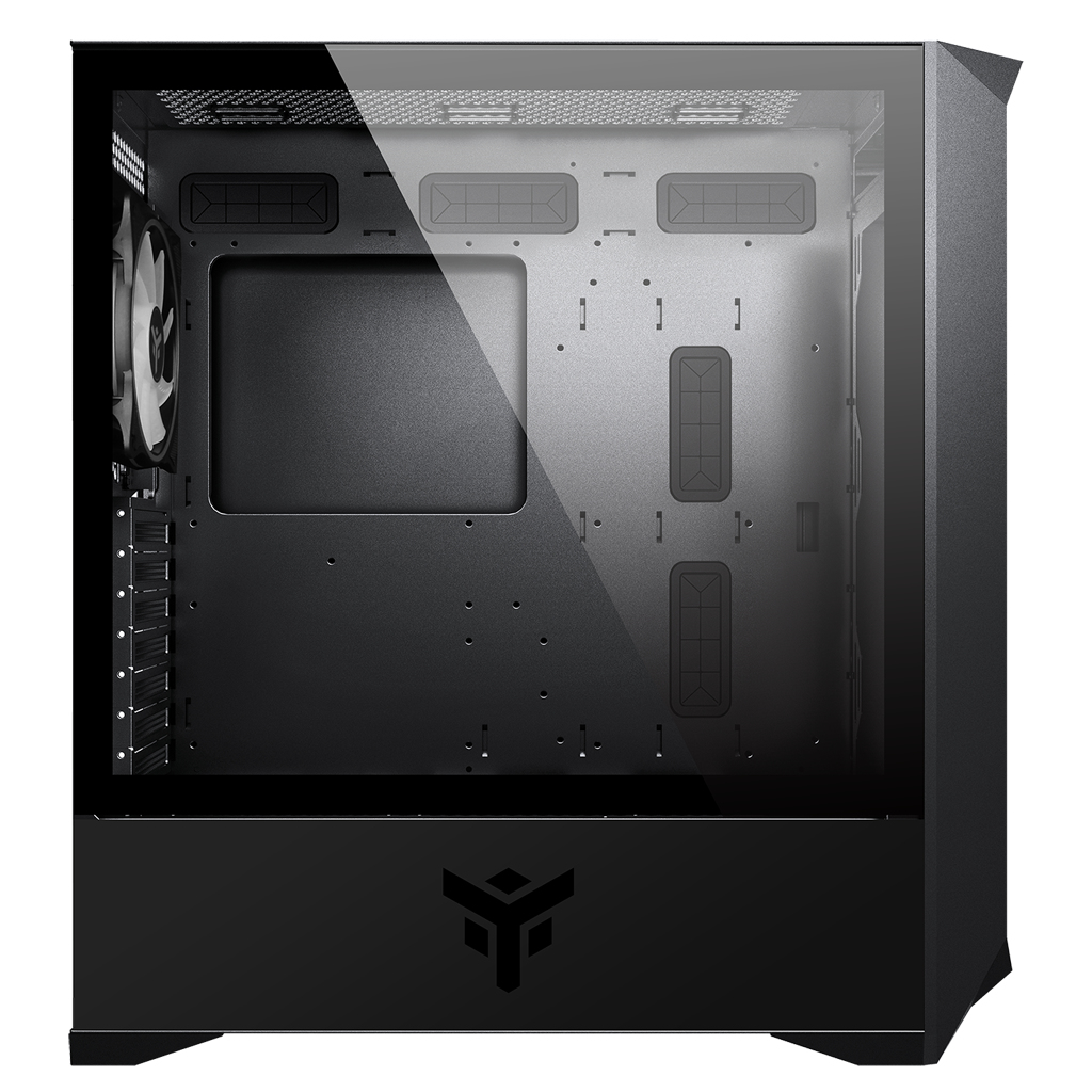 Case per computer nero con frontale in vetro. Sono visibili una ventola e i componenti interni.