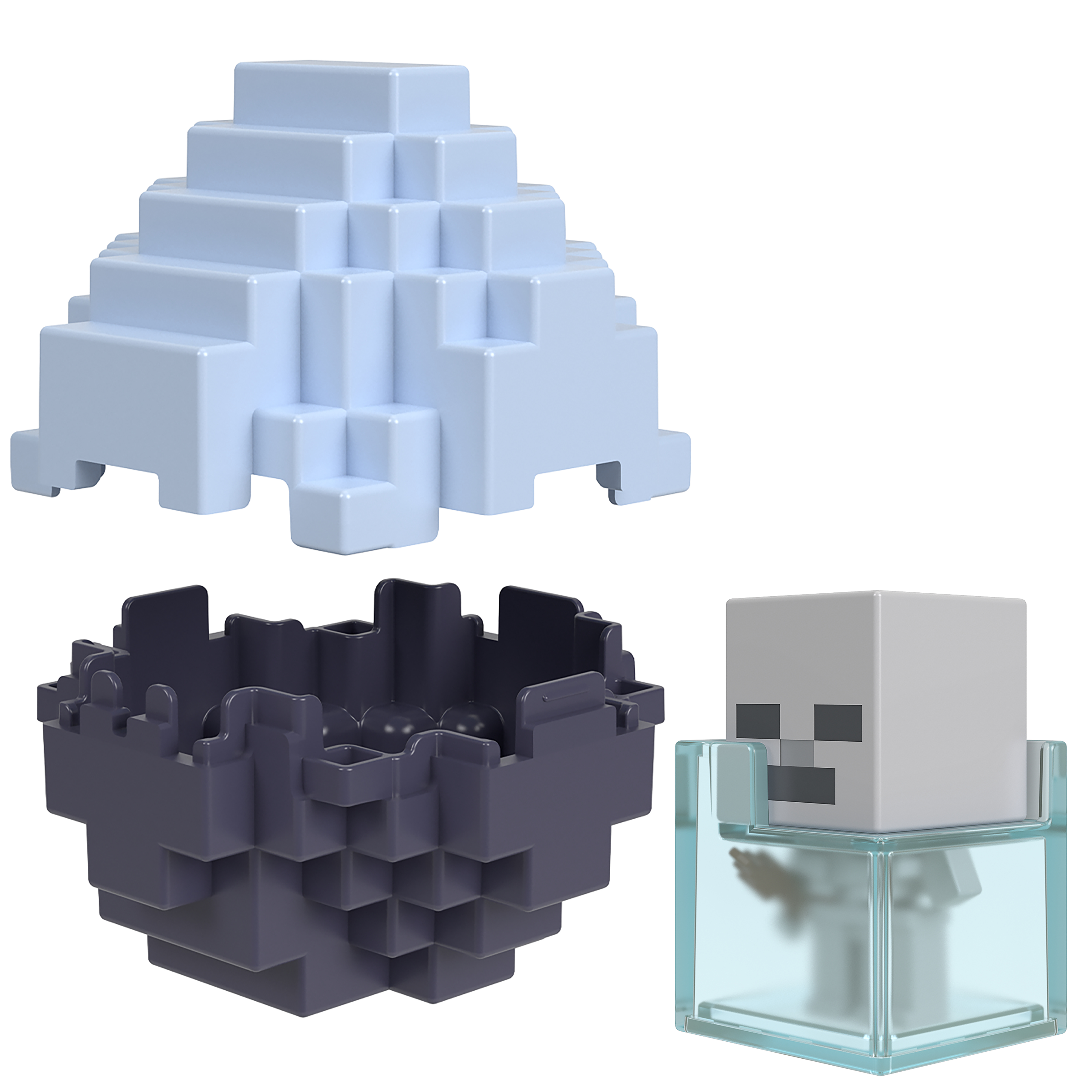 Trzy figurki Minecraft: jasnoniebieska struktura, granatowa miska i szkielet w szklanej kostce.
