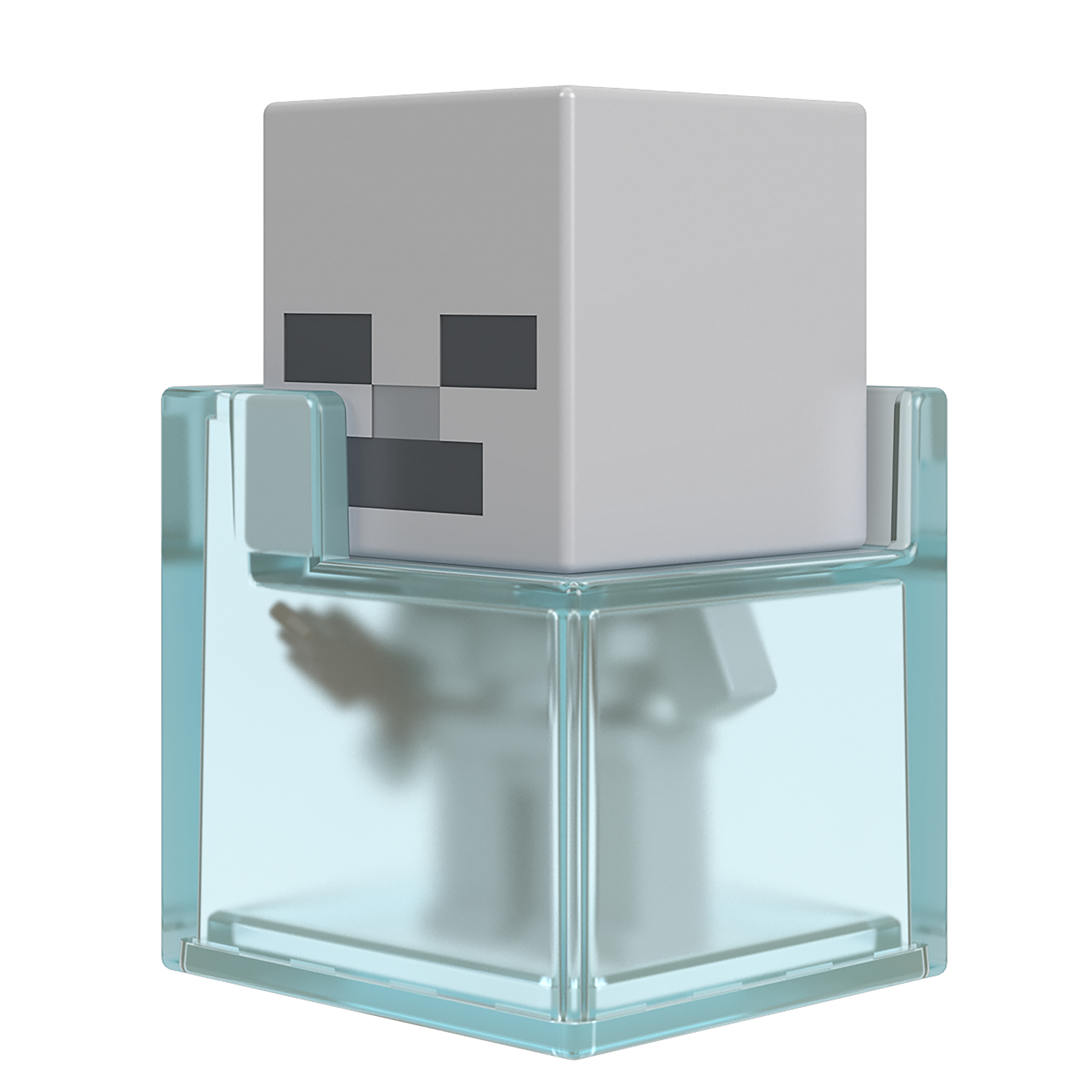 Postać z Minecraft w szklanej kostce. Postać to biały blok z twarzą.