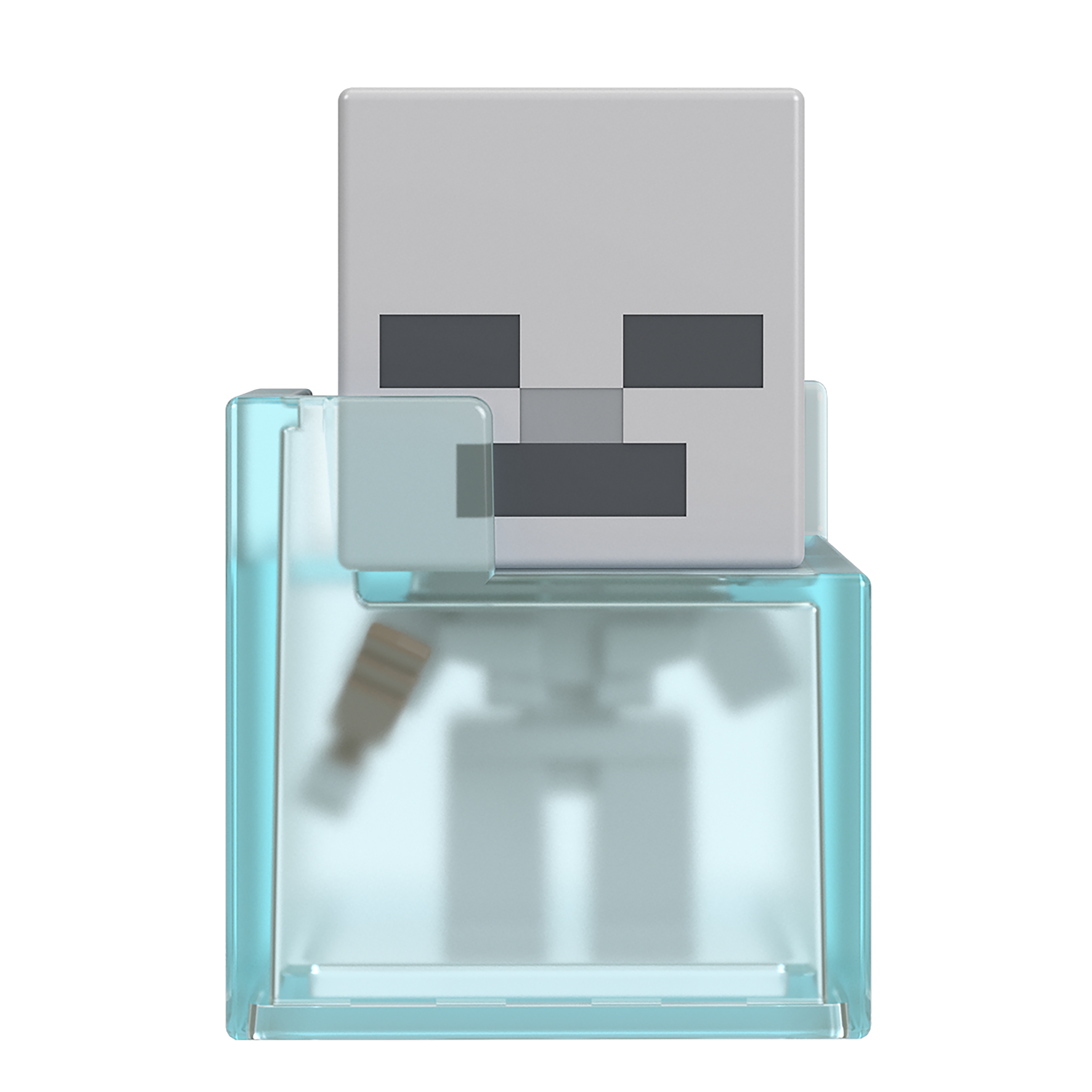 Figurka szkieletu z gry Minecraft w przezroczystej, niebieskiej kostce, na białym tle.