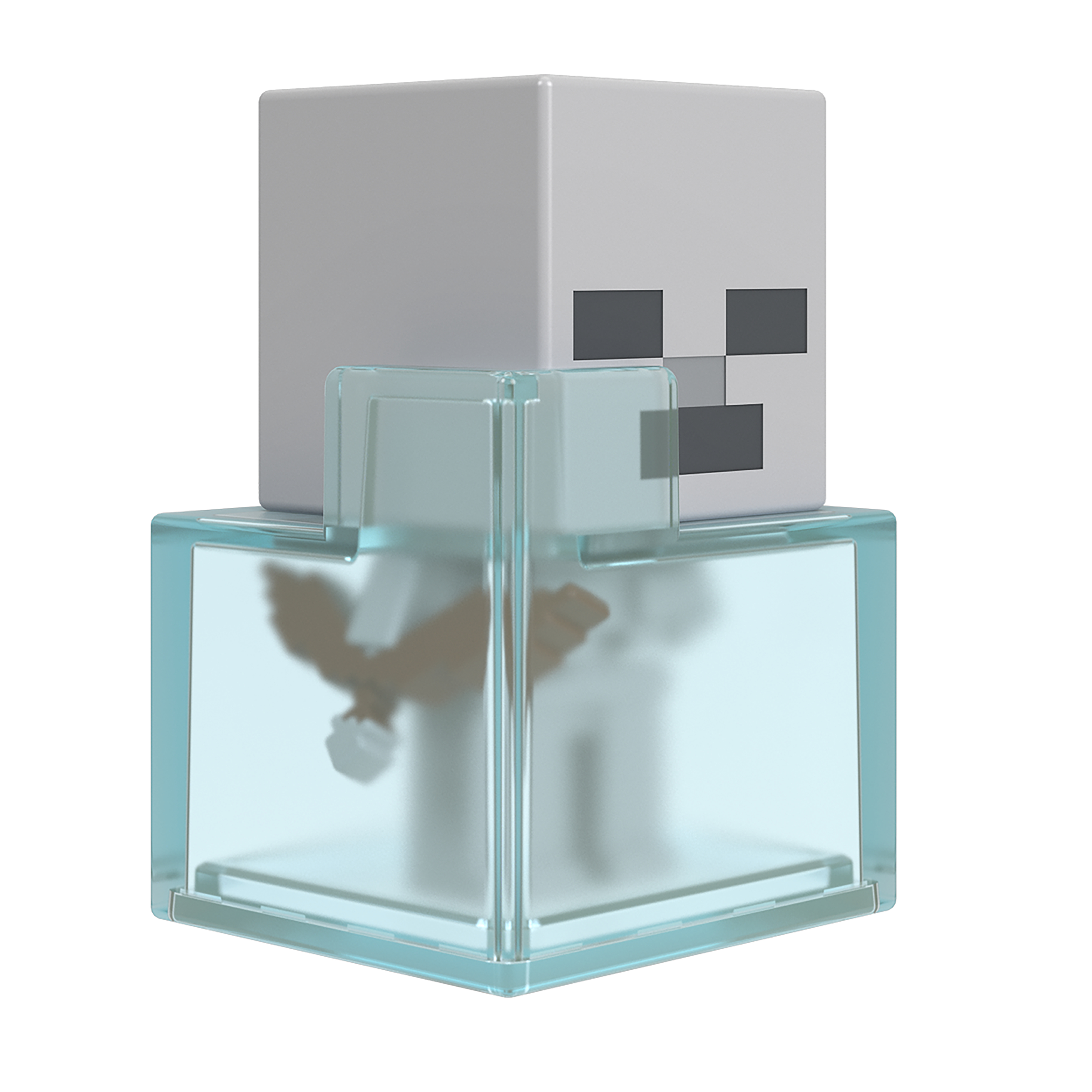 Figurka szkieletu Minecraft w przezroczystej, niebieskiej kostce, z rozmytą postacią wewnątrz.