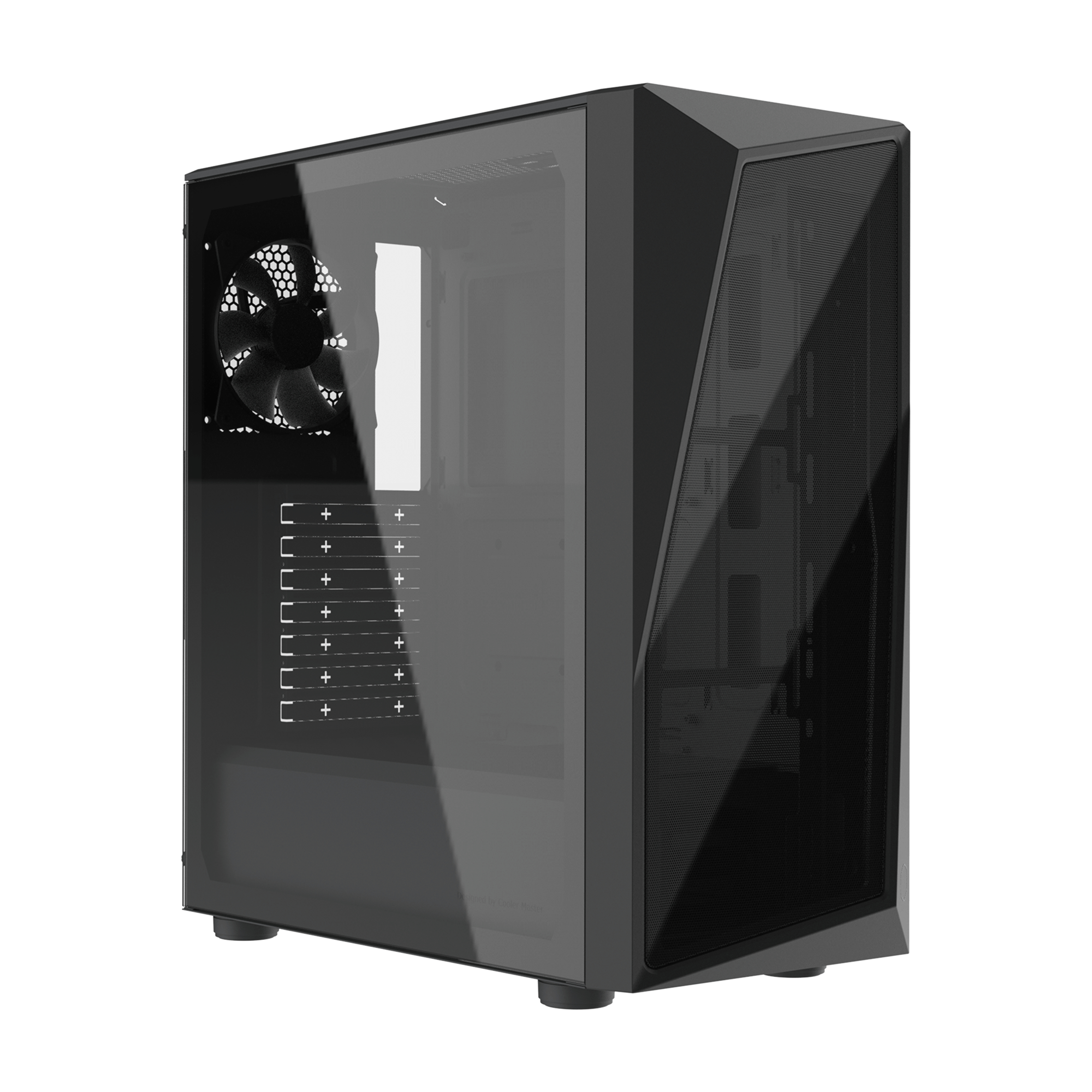 Case per computer nero con pannello laterale in vetro, ventola visibile all'interno e frontale a rete.