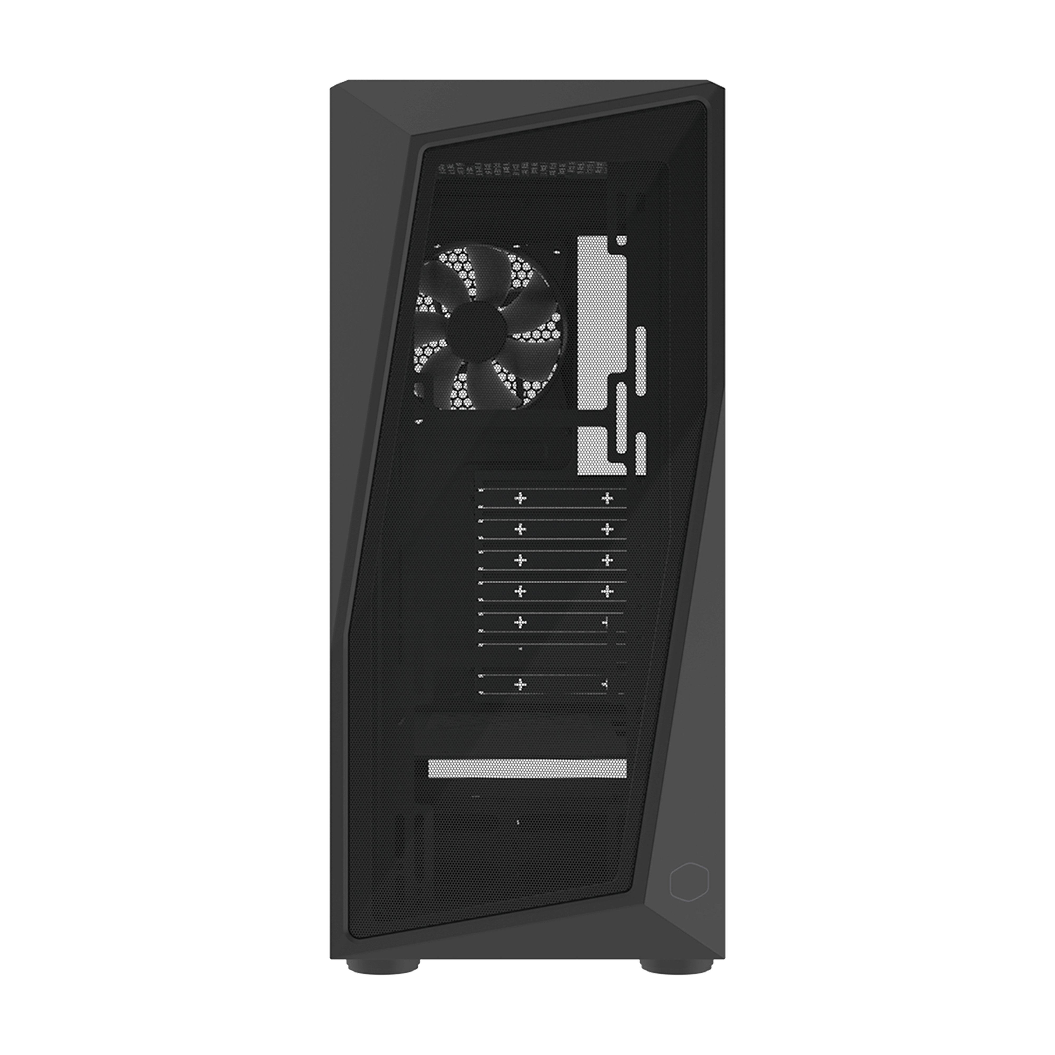 Un case per computer nero con un pannello frontale a rete e ventola.