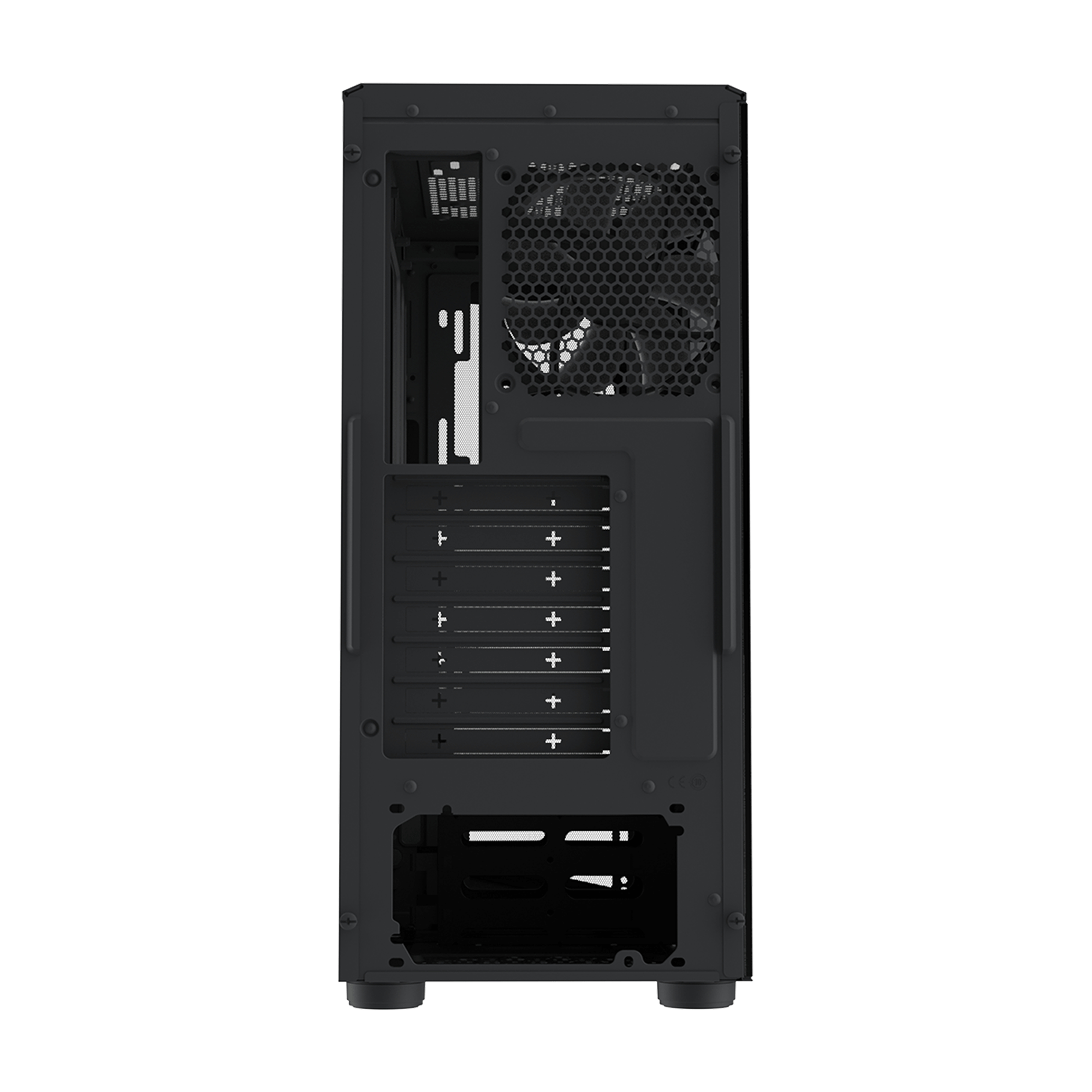 Lato posteriore del case del computer, che mostra la ventola, gli slot e altre aperture per i componenti.