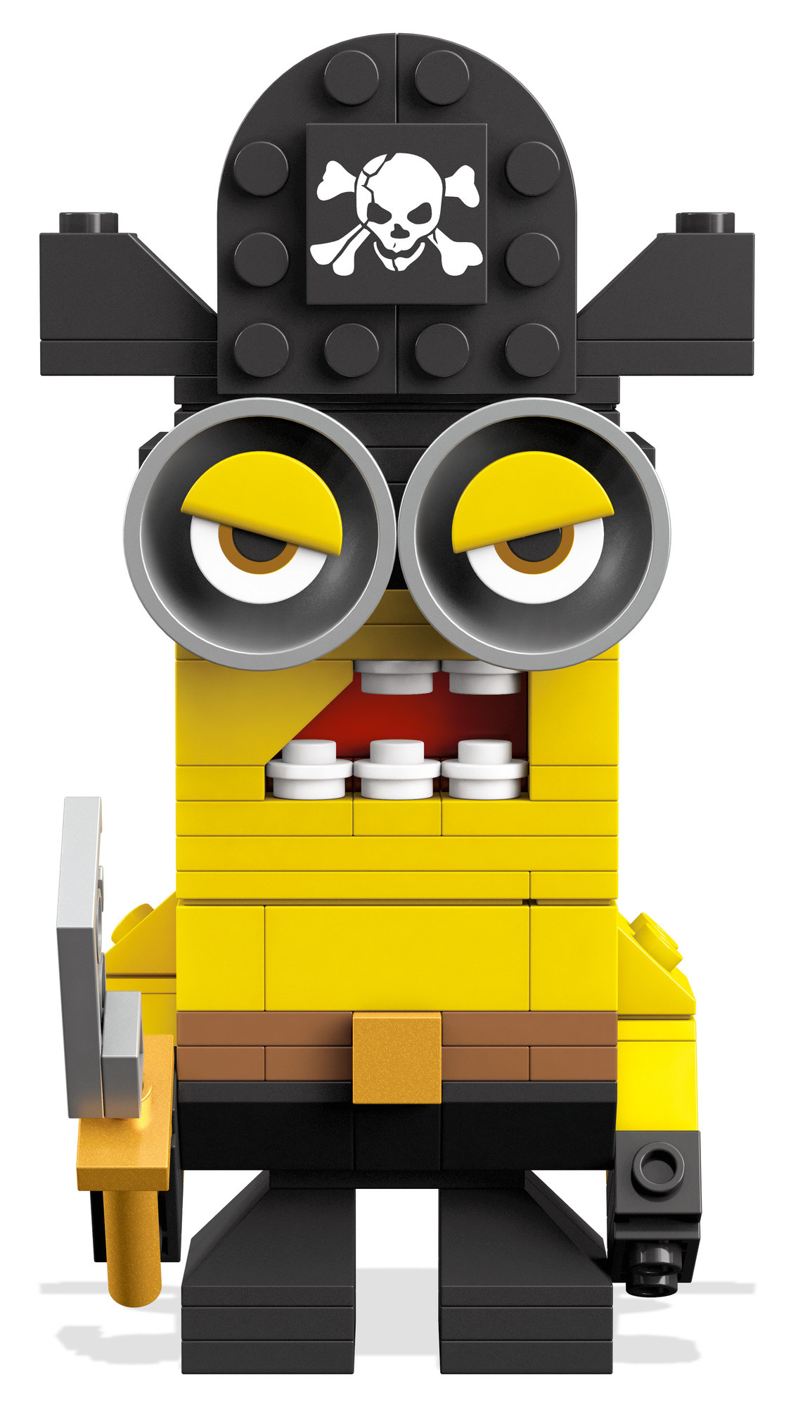 Un pirata Minion Lego giallo, con cappello nero e benda sull'occhio, che tiene una spada.
