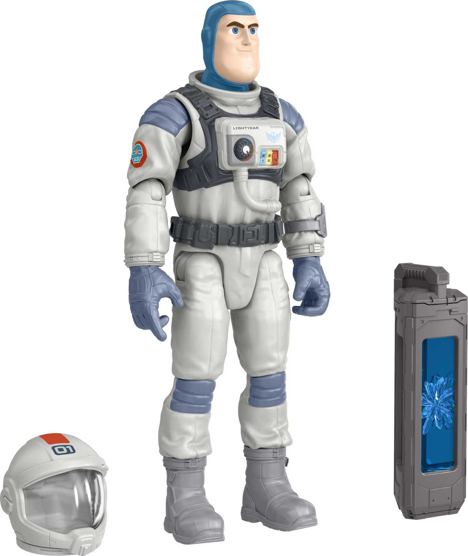 Figurka Buzz Lightyear w skafandrze kosmicznym, z hełmem i akcesorium. Szaro-biały kombinezon.