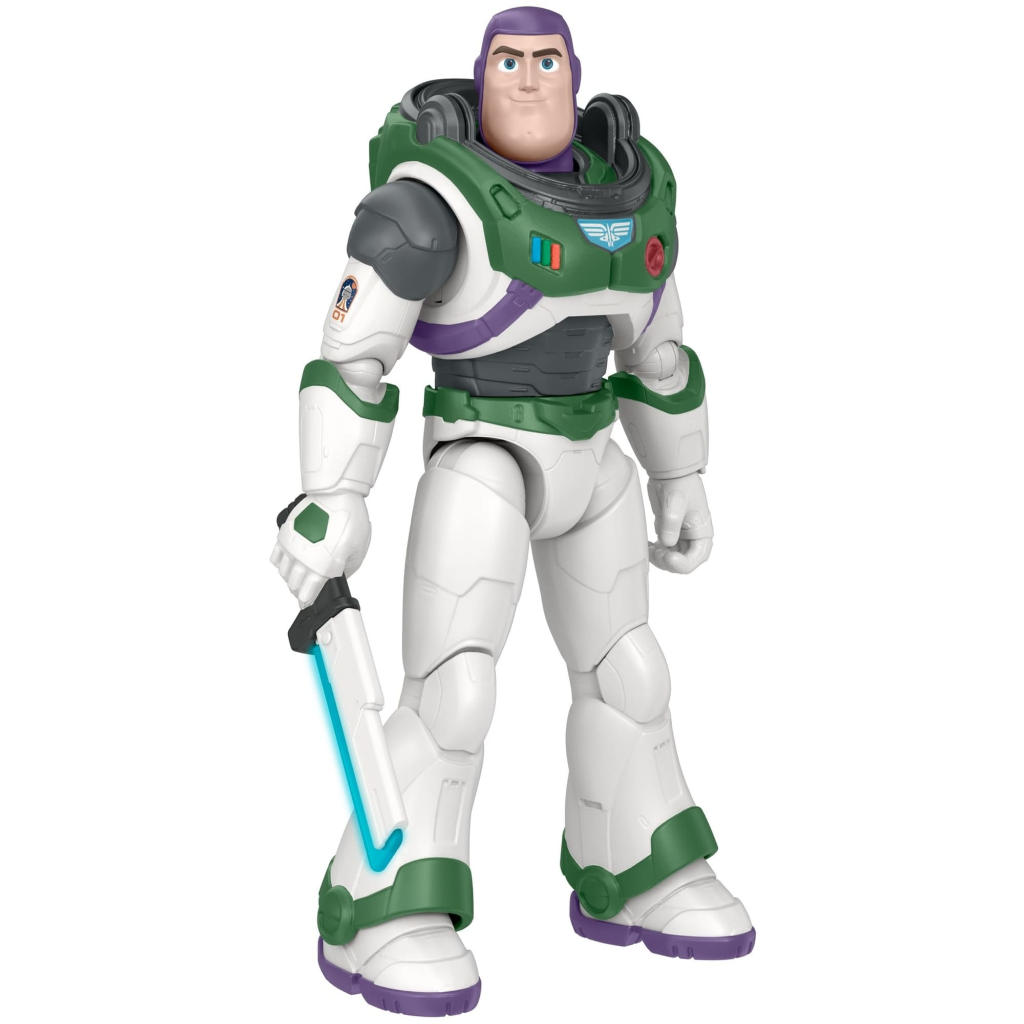 Action figure di Buzz Lightyear in tuta bianca e verde. Tiene in mano un'arma ed è in posa eretta.
