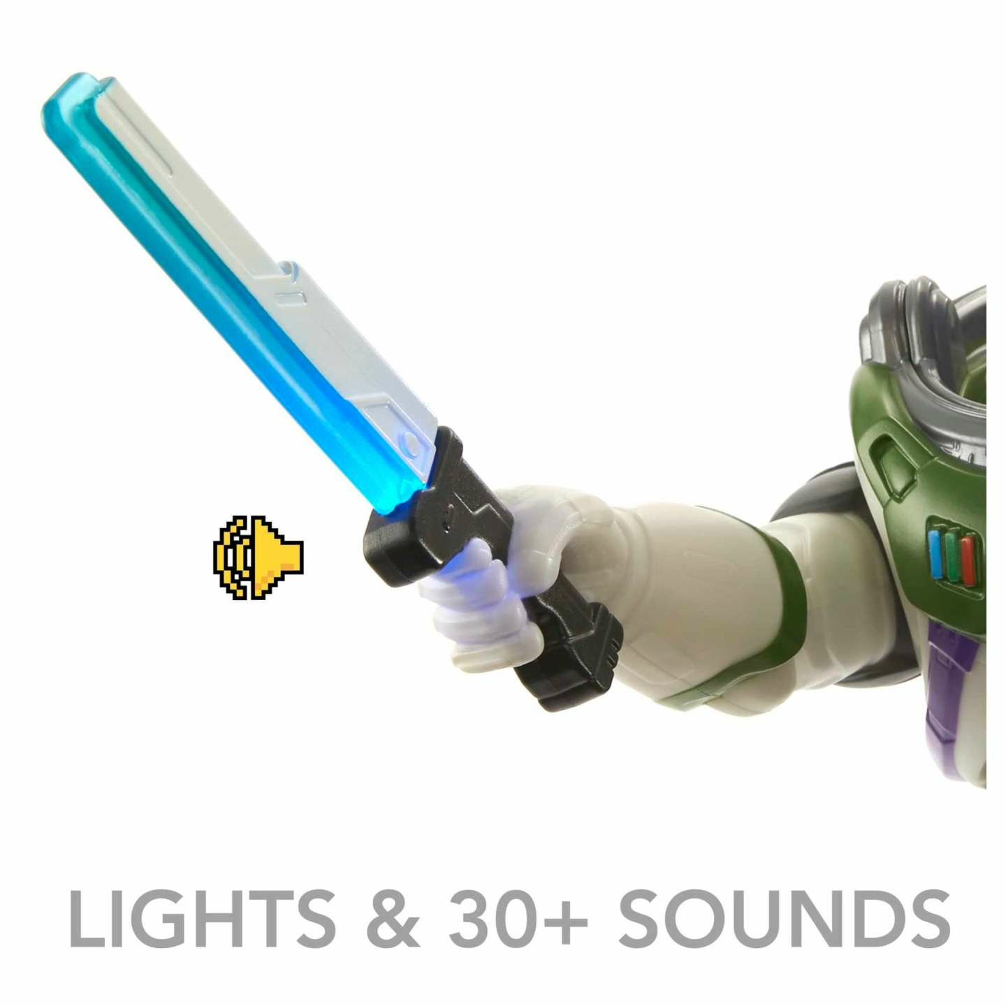 Buzz Lightyear che tiene una spada laser blu. Un simbolo di effetto sonoro è sulla sinistra.