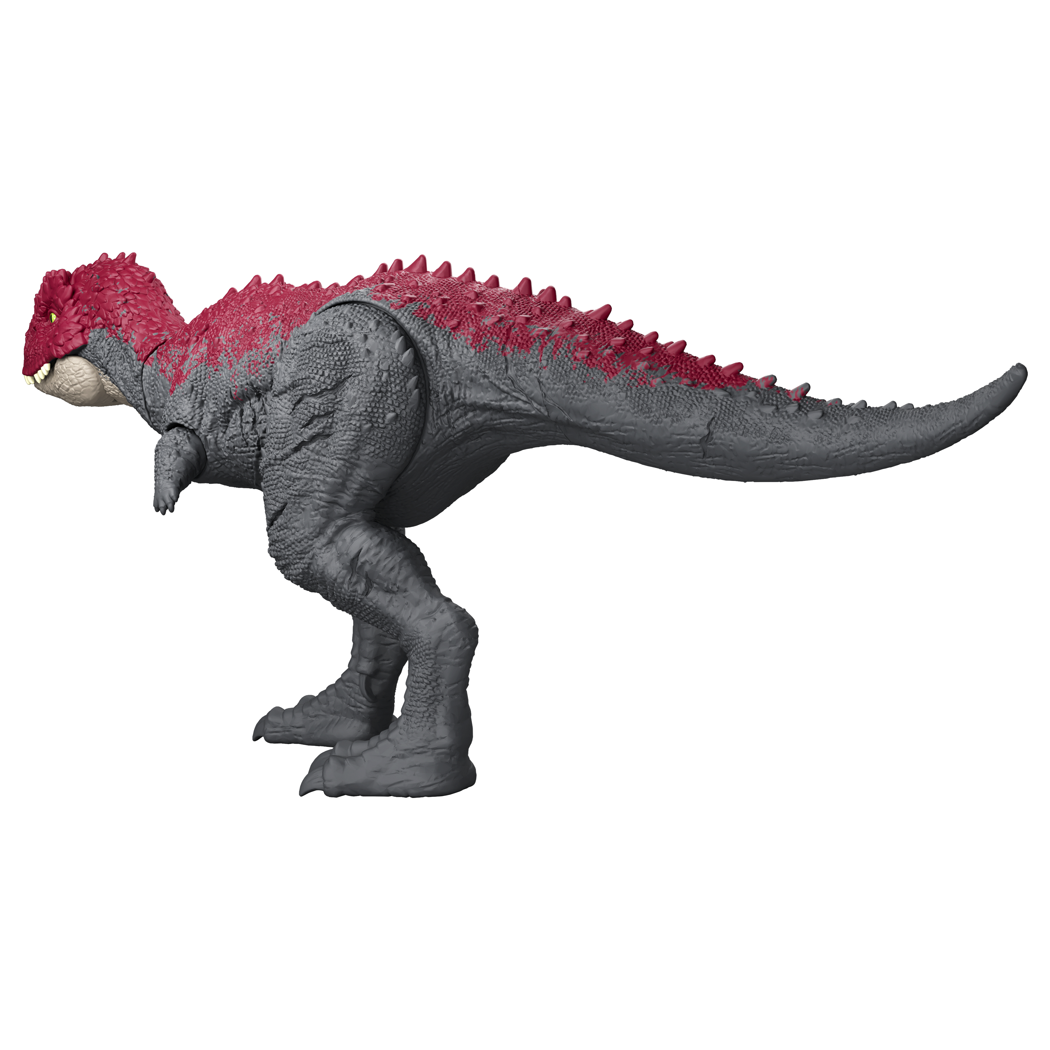 Szara zabawka dinozaura z czerwoną głową i grzbietem. Jest w pozycji chodzenia z profilu. Tło jest białe.