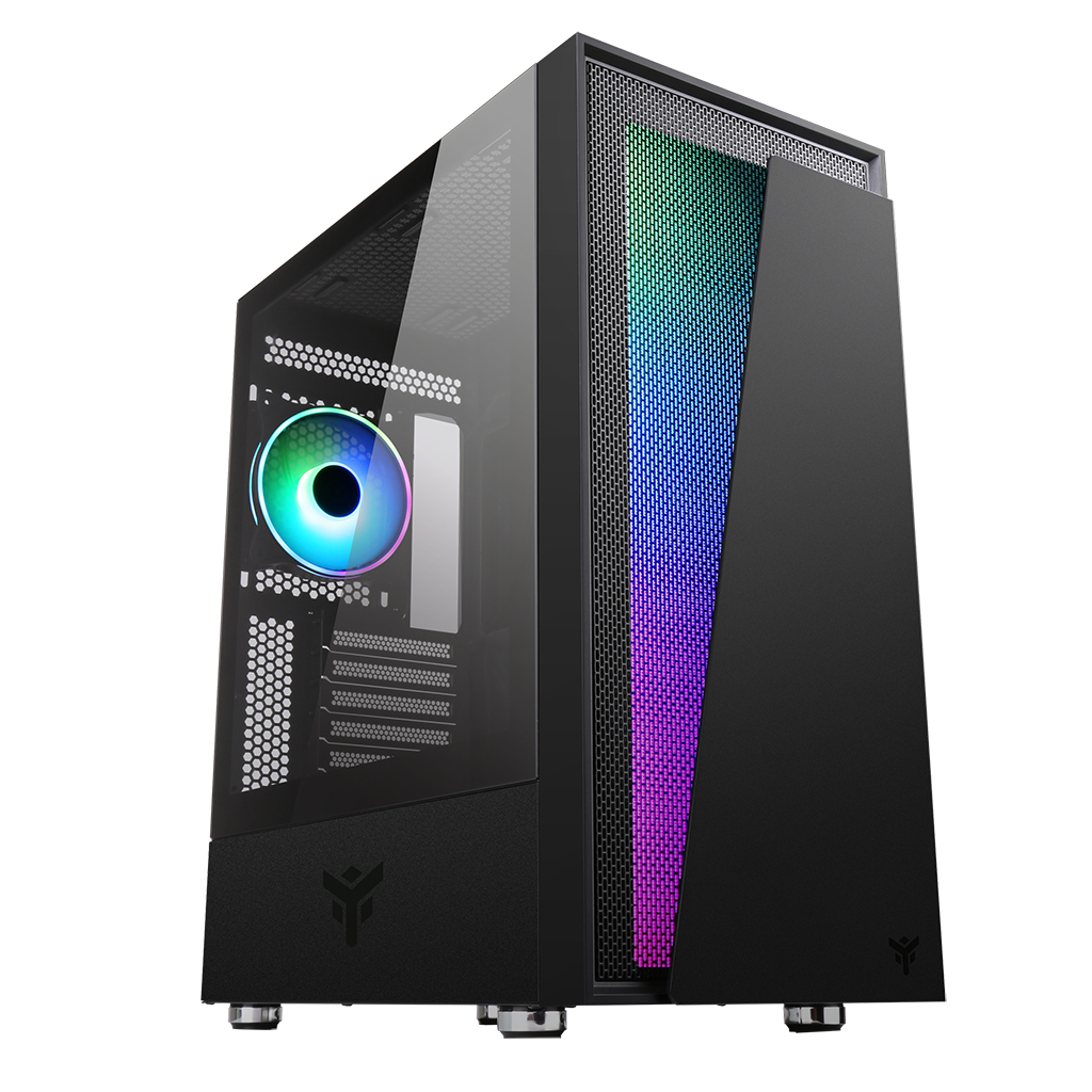 Case PC nero con pannello laterale in vetro. All'interno, c'è una ventola con LED arcobaleno. Frontale con luci RGB.