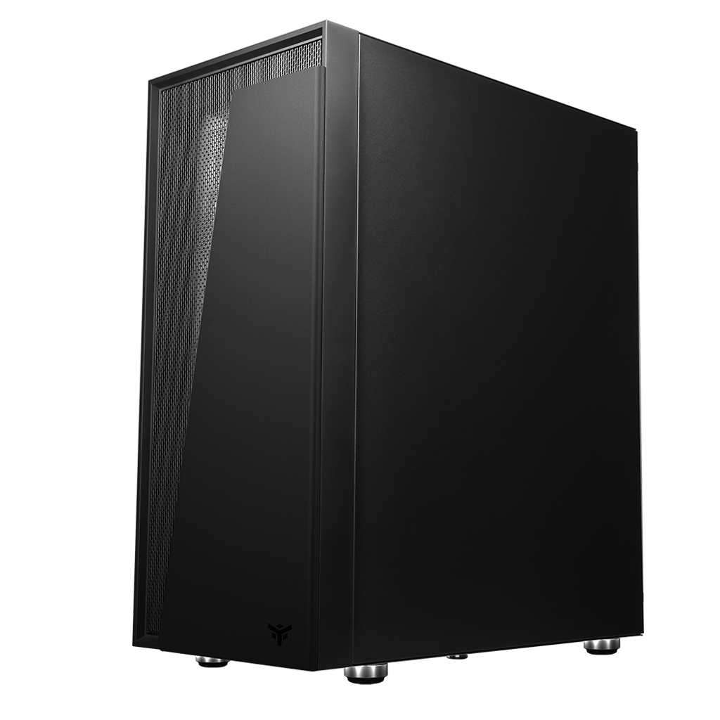 Case PC nero. Una scatola solida, rettangolare con un pannello a rete e un logo. È su sfondo bianco.