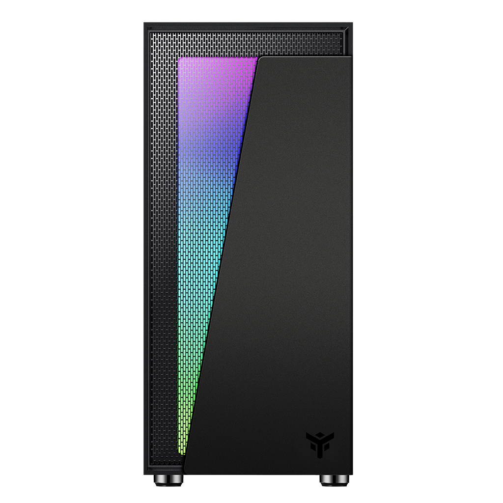 Case per computer nero con pannello frontale colorato. Piedi argentati. Logo frontale.