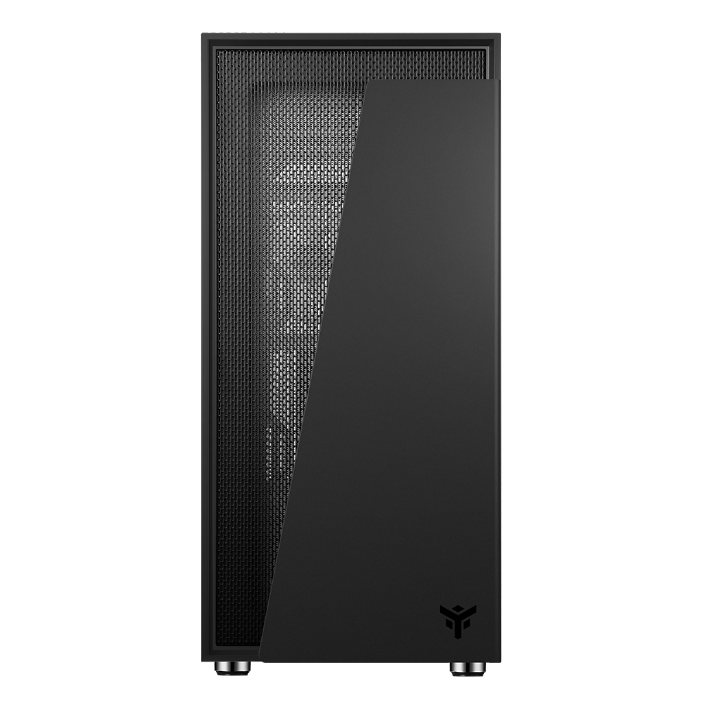 Vista frontale del case nero per computer, pannelli a rete e neri, piedini argentati.