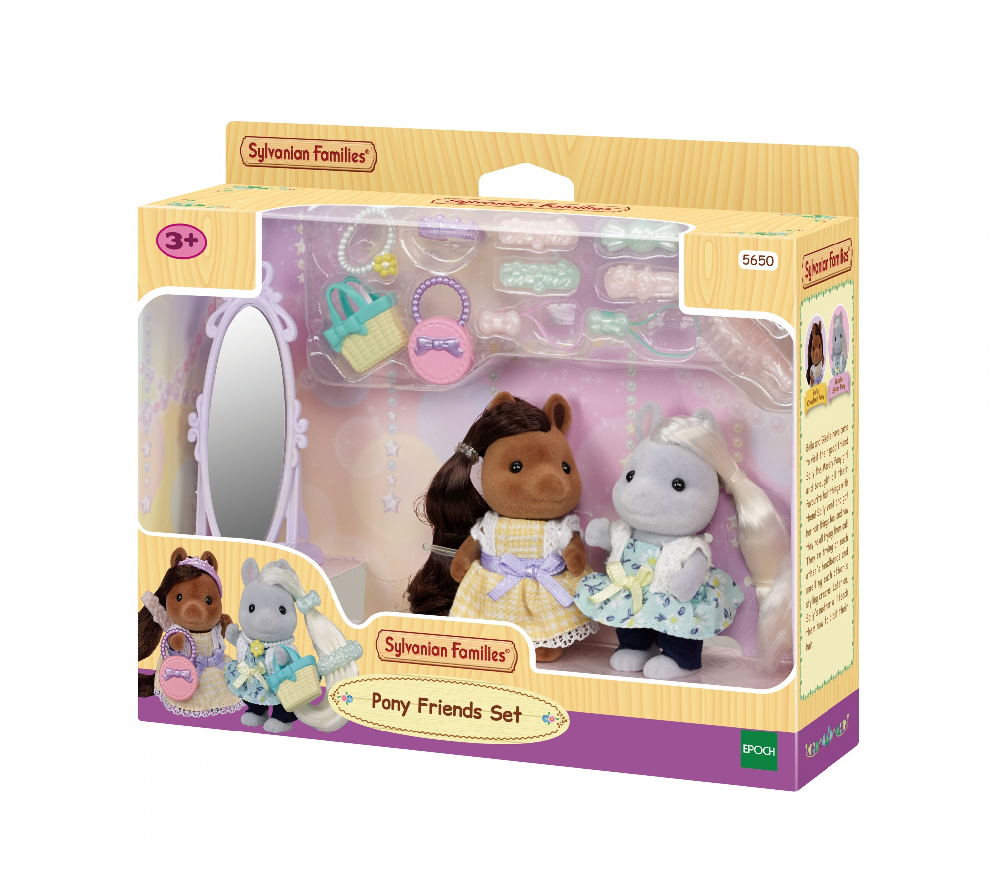 Caja del set Sylvanian Families Pony Friends, con figuras de pony y accesorios.