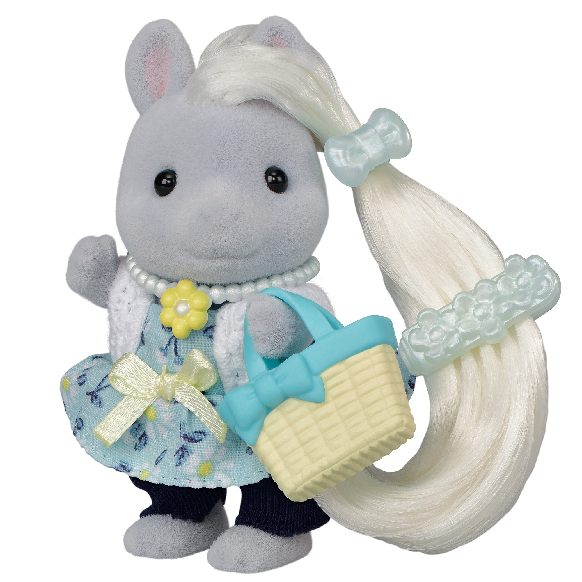 Figura de pony gris con accesorios, lleva vestido y sostiene una cesta.