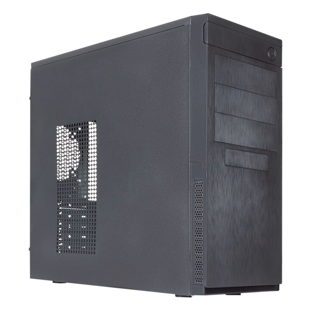 Case per PC nero, vista laterale, con finitura strutturata e prese d'aria. Sfondo bianco.