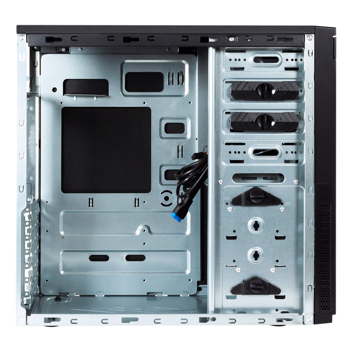 Interno del case PC aperto con retro in metallo e componenti neri.