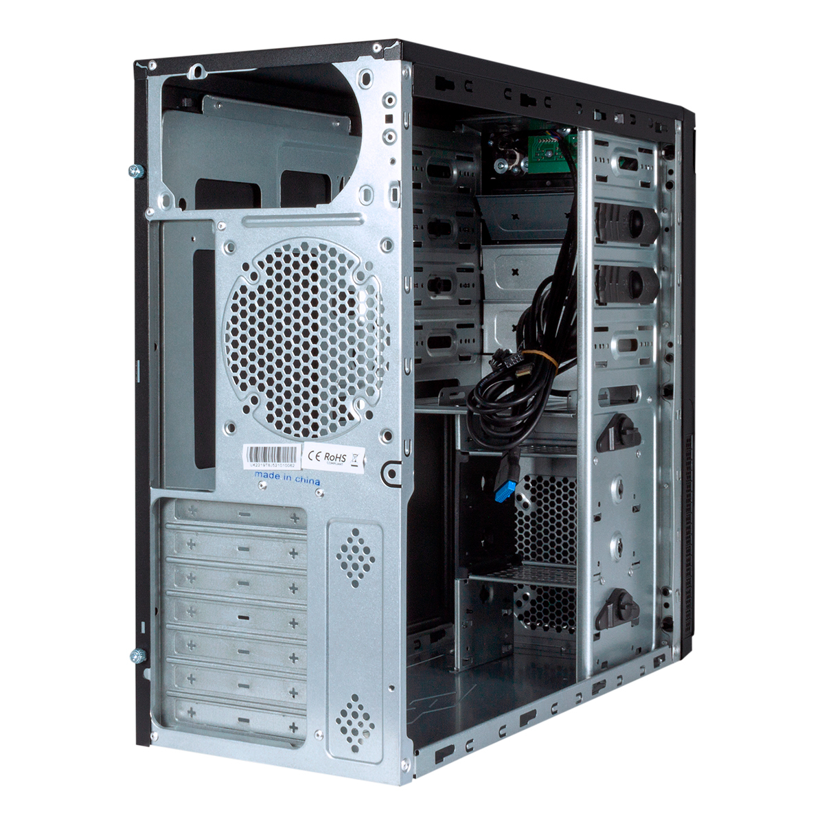 Interno di un case per PC nero, con area componenti visibile. Sfondo bianco, vista laterale.