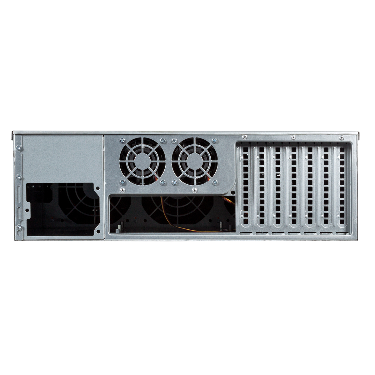 Panel trasero de una caja de servidor plateada. Dos ventiladores y múltiples puertos son visibles.