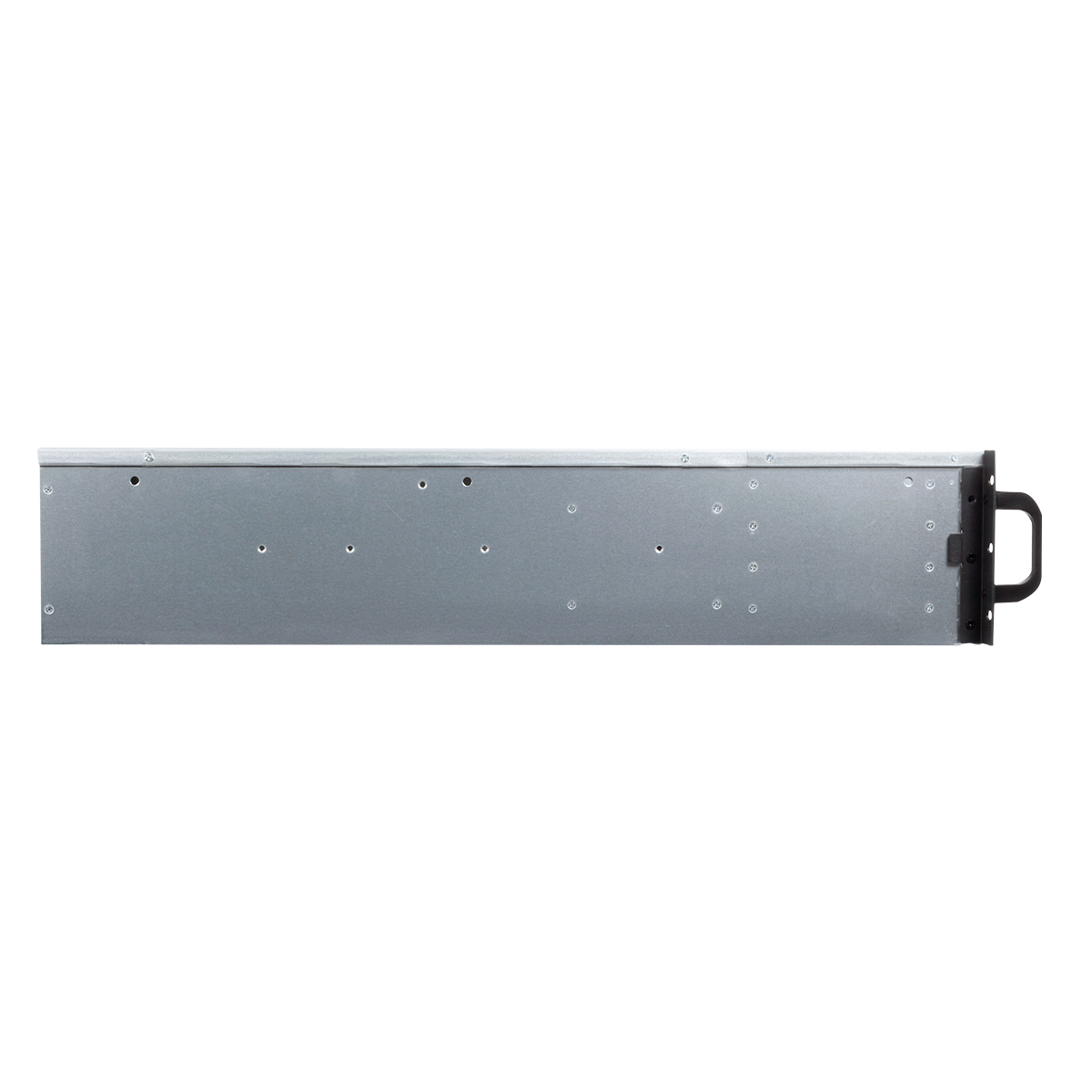 Un componente de rack de servidor, de color plateado con una manija en el lado derecho. Varios orificios para tornillos son visibles.