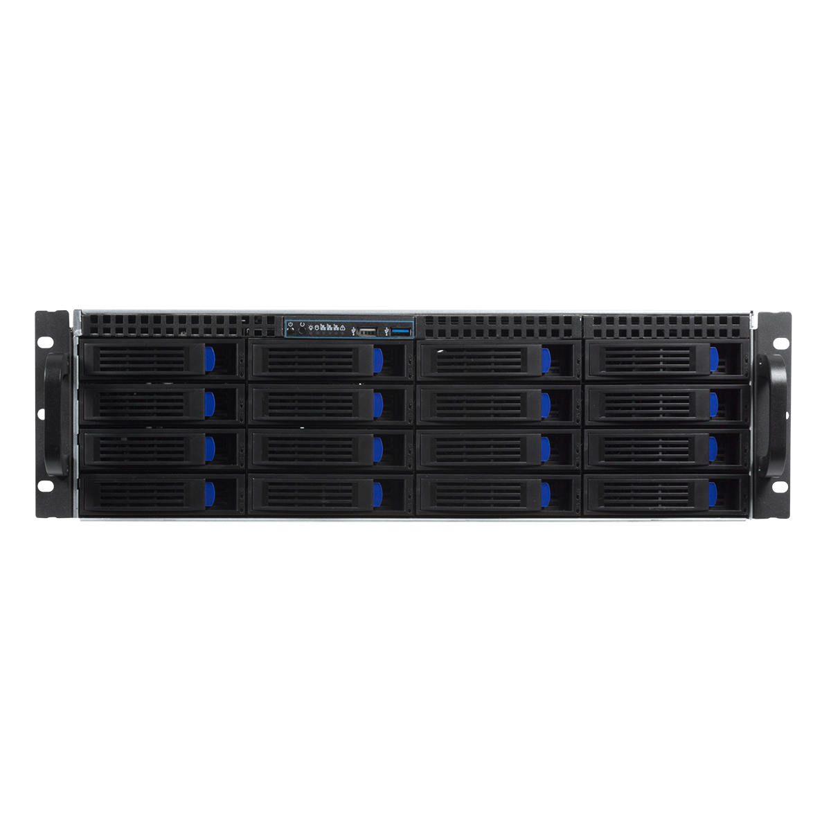 Caja de servidor. Negro con detalles azules. Contiene muchas bahías de unidad.