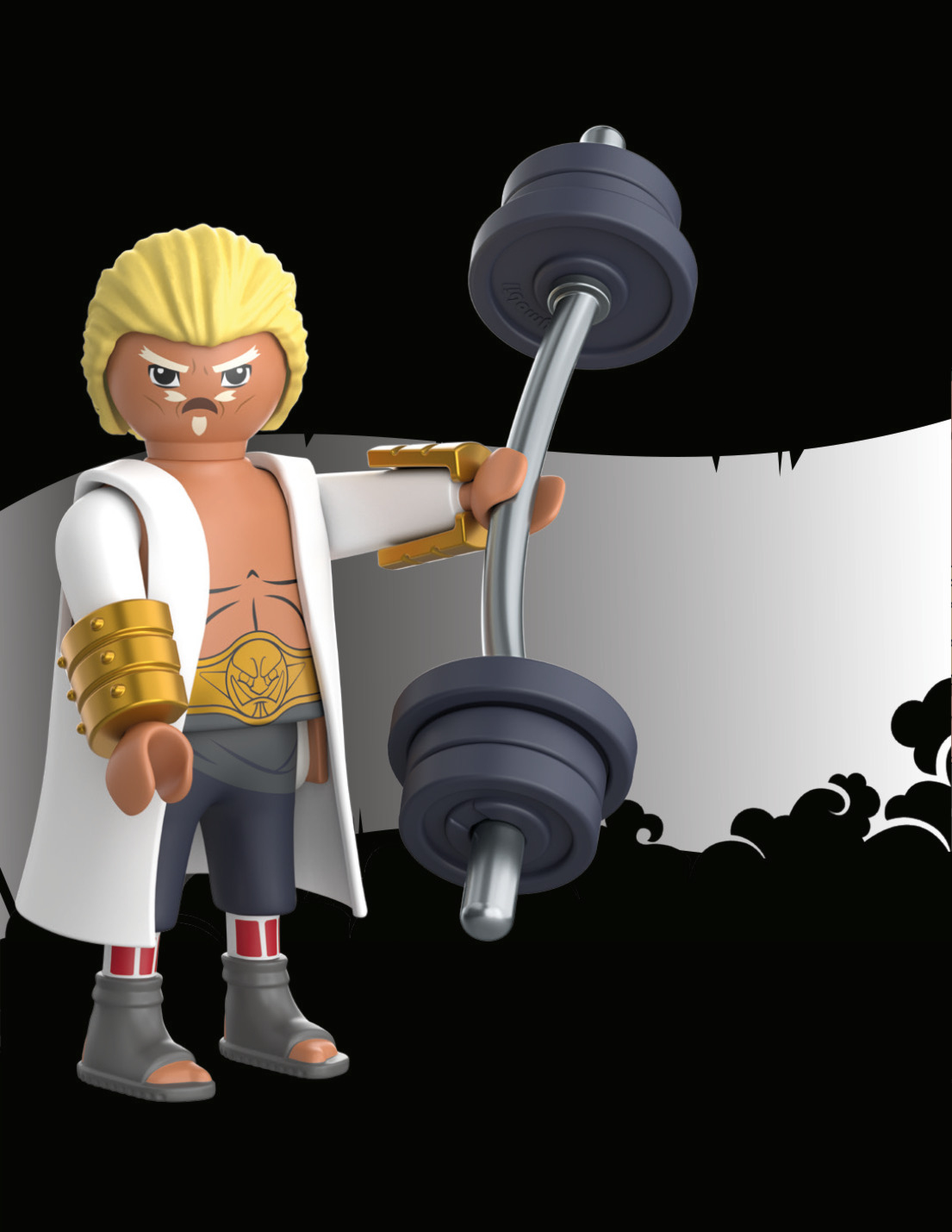 Playmobil-Figur eines blonden Anime-Charakters, der eine Langhantel hält. Schwarz-weißer Hintergrund.