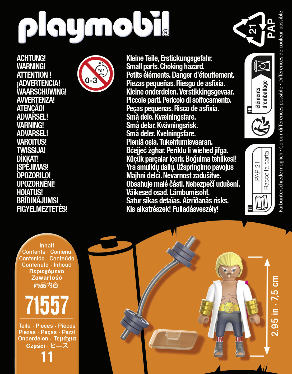 Verpackung mit Spielzeugteilen, Naruto-Figur mit Hantel und Warnhinweisen. Figur trägt weißen Mantel und goldene Akzente.