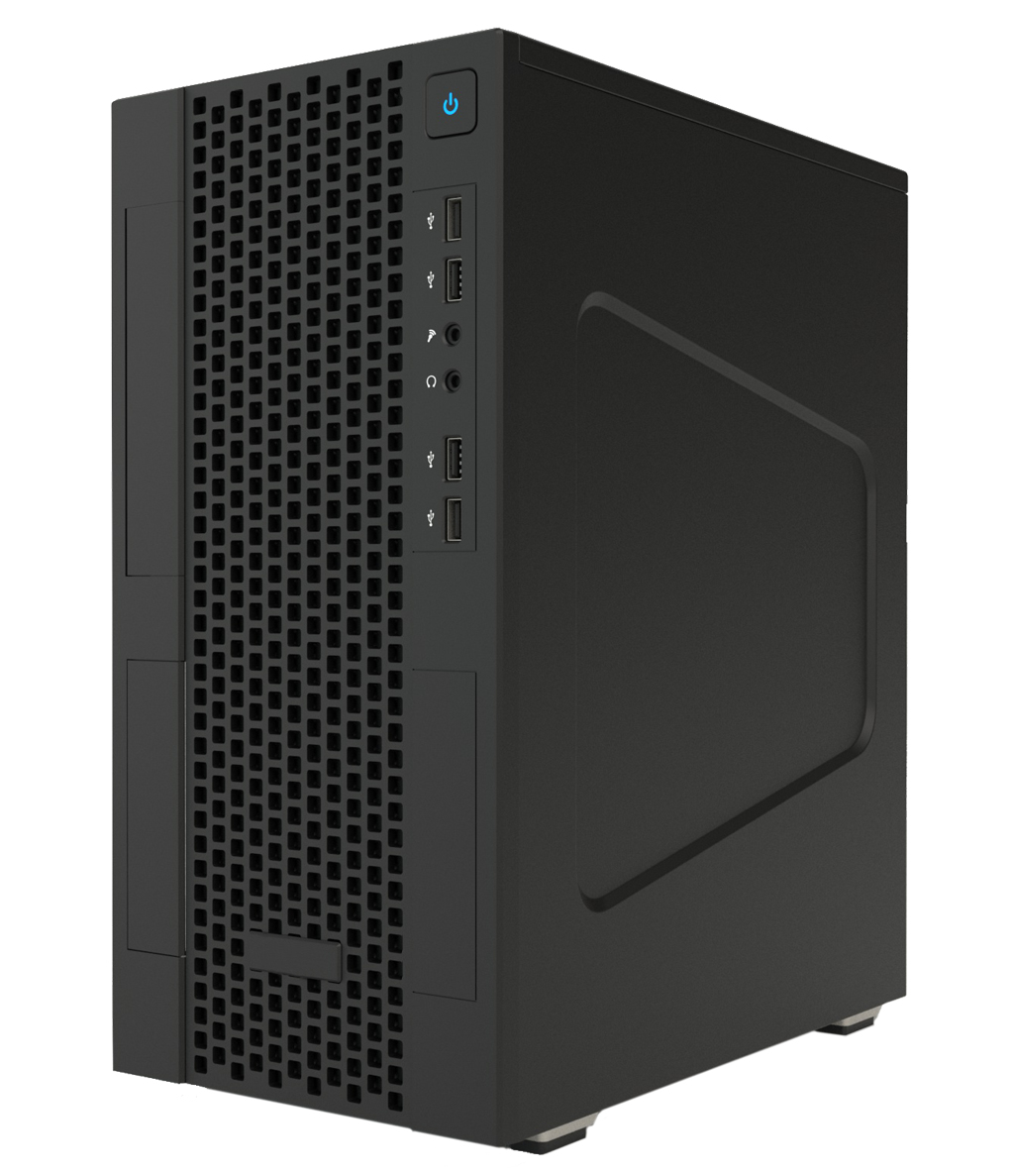 Case per computer nero con frontale a griglia. Ha porte e pulsante di accensione. Pannello laterale liscio.