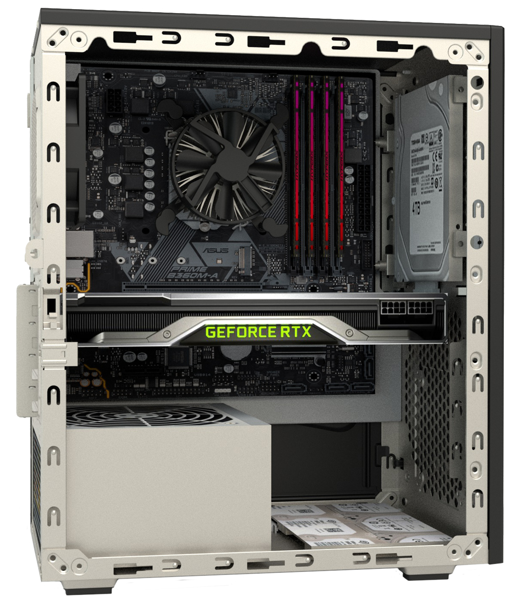 Case del computer aperto, componenti visibili. Scheda madre, RAM, GPU, disco rigido e ventola.