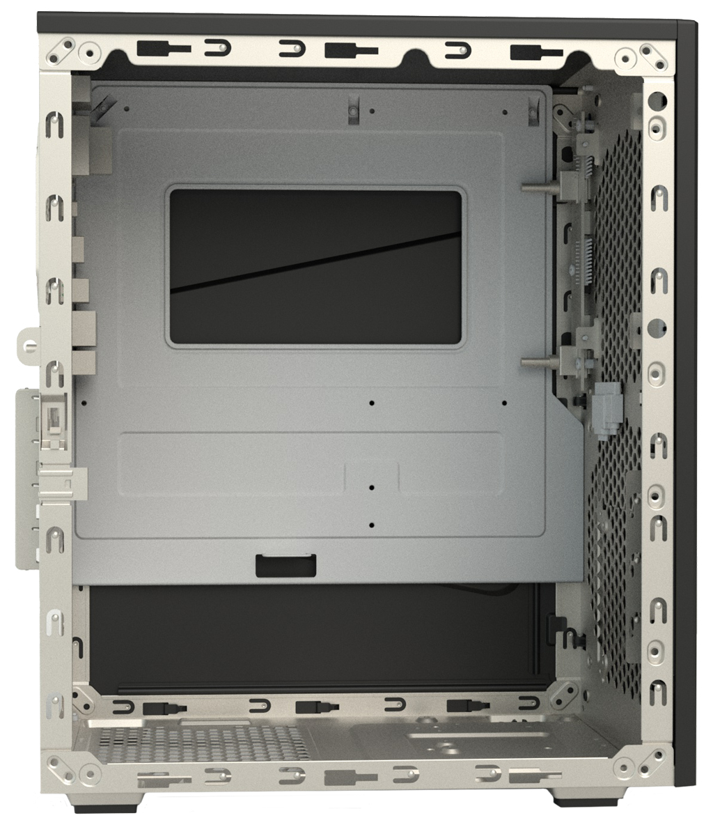 Interno del case del computer, vuoto. Mostra i punti di montaggio e la struttura. Argento e nero.