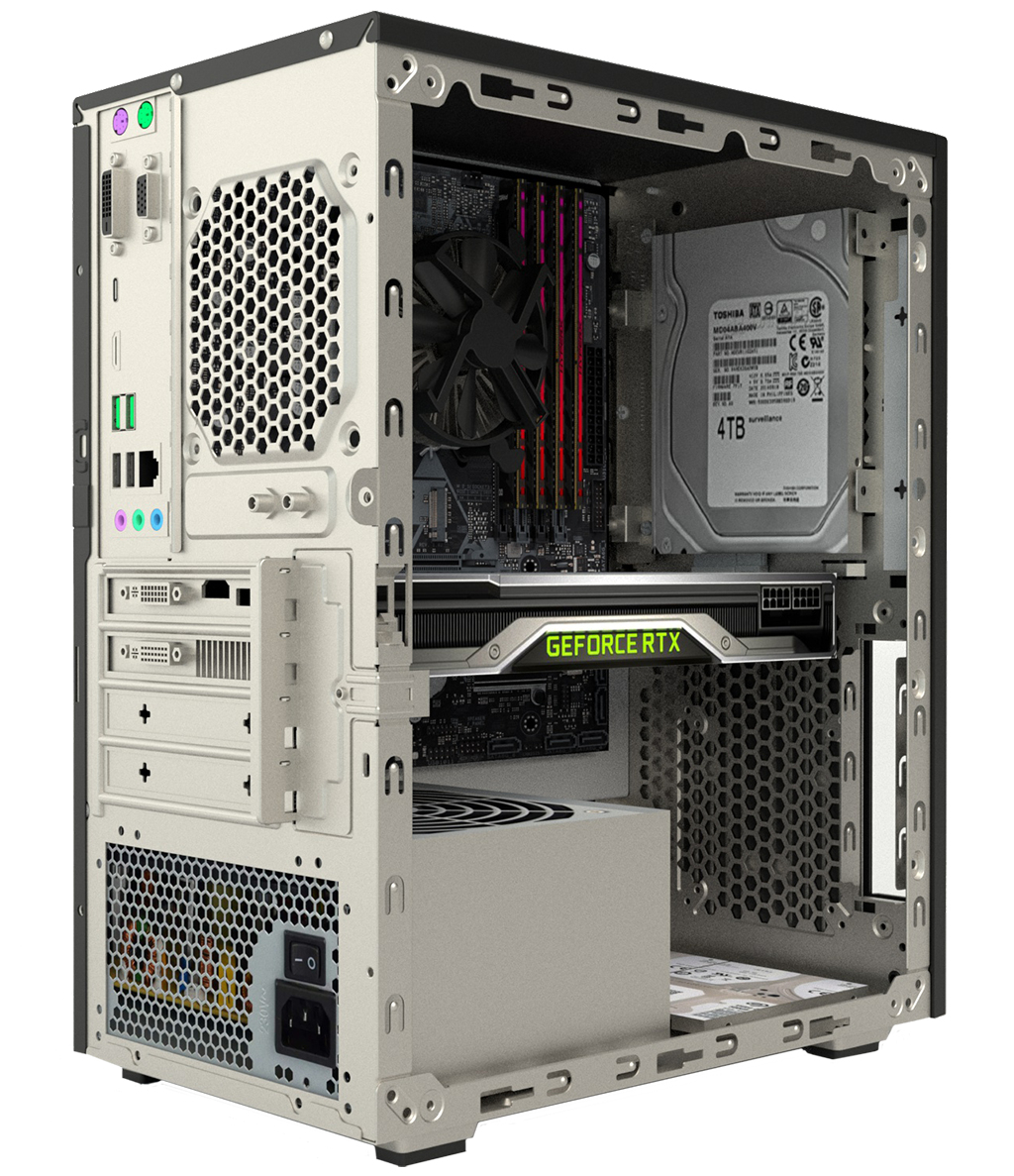 Interno del case del computer, che mostra i componenti: GPU, RAM, HDD, scheda madre e PSU.