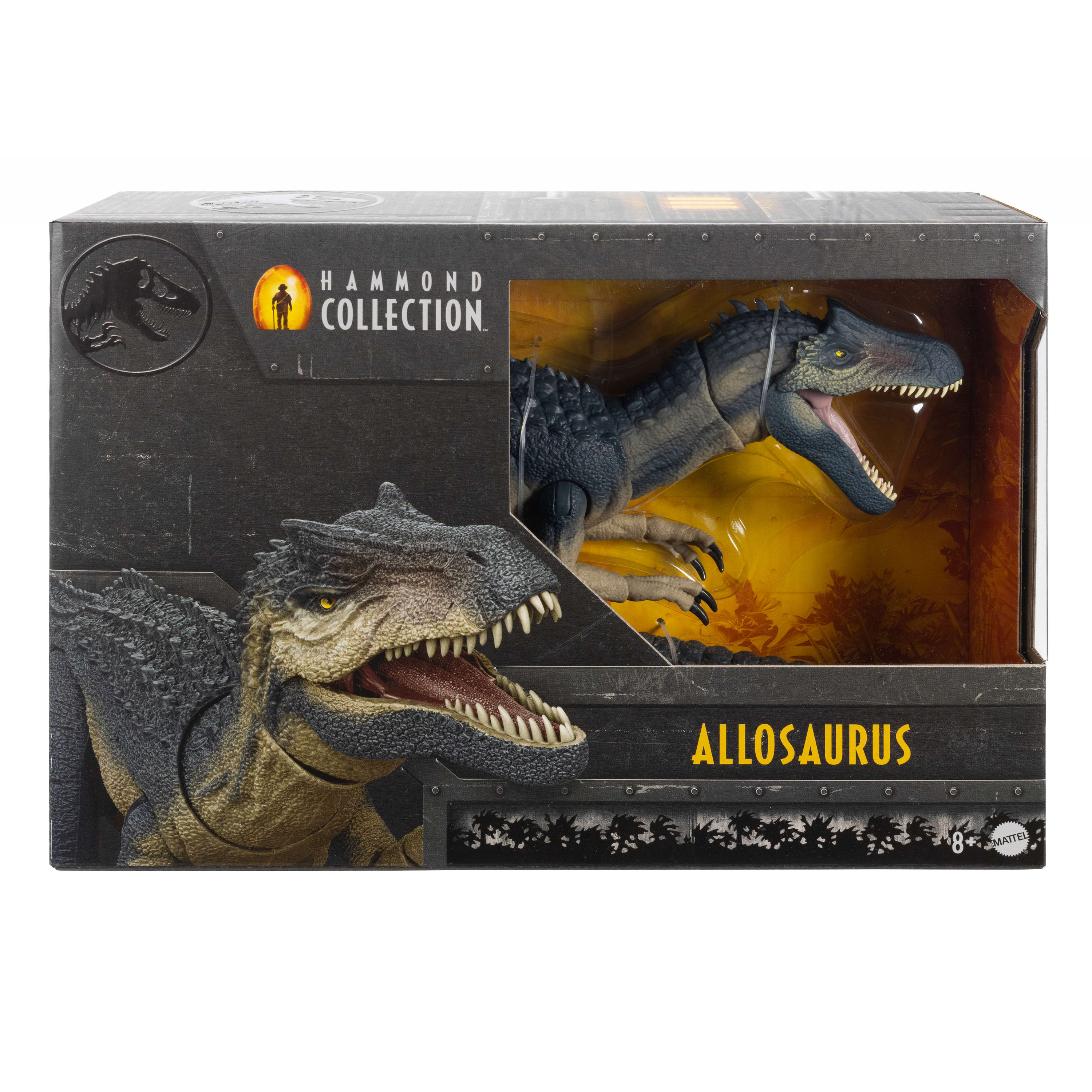 Dinosauro giocattolo in una scatola. Il dinosauro è blu e grigio, bocca aperta.