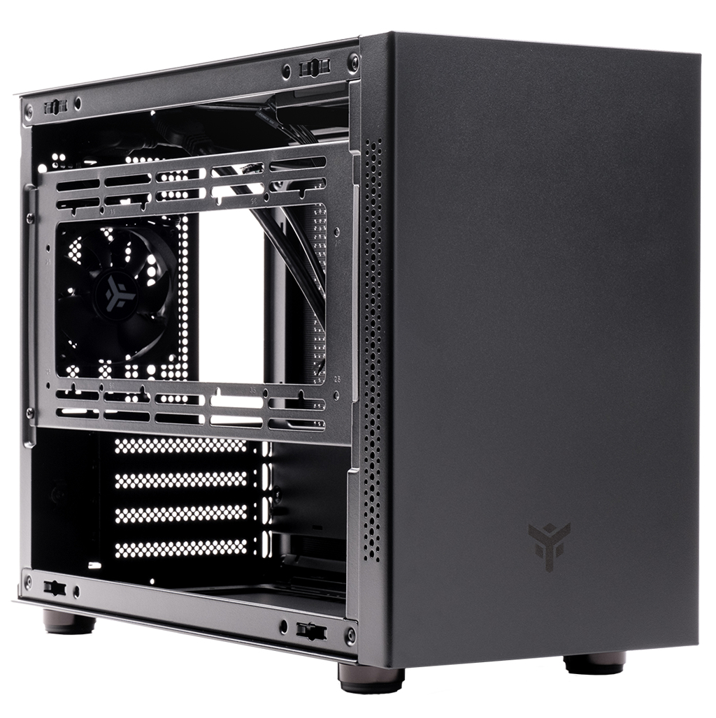 Case per computer nero senza pannello laterale, che mostra l'interno.