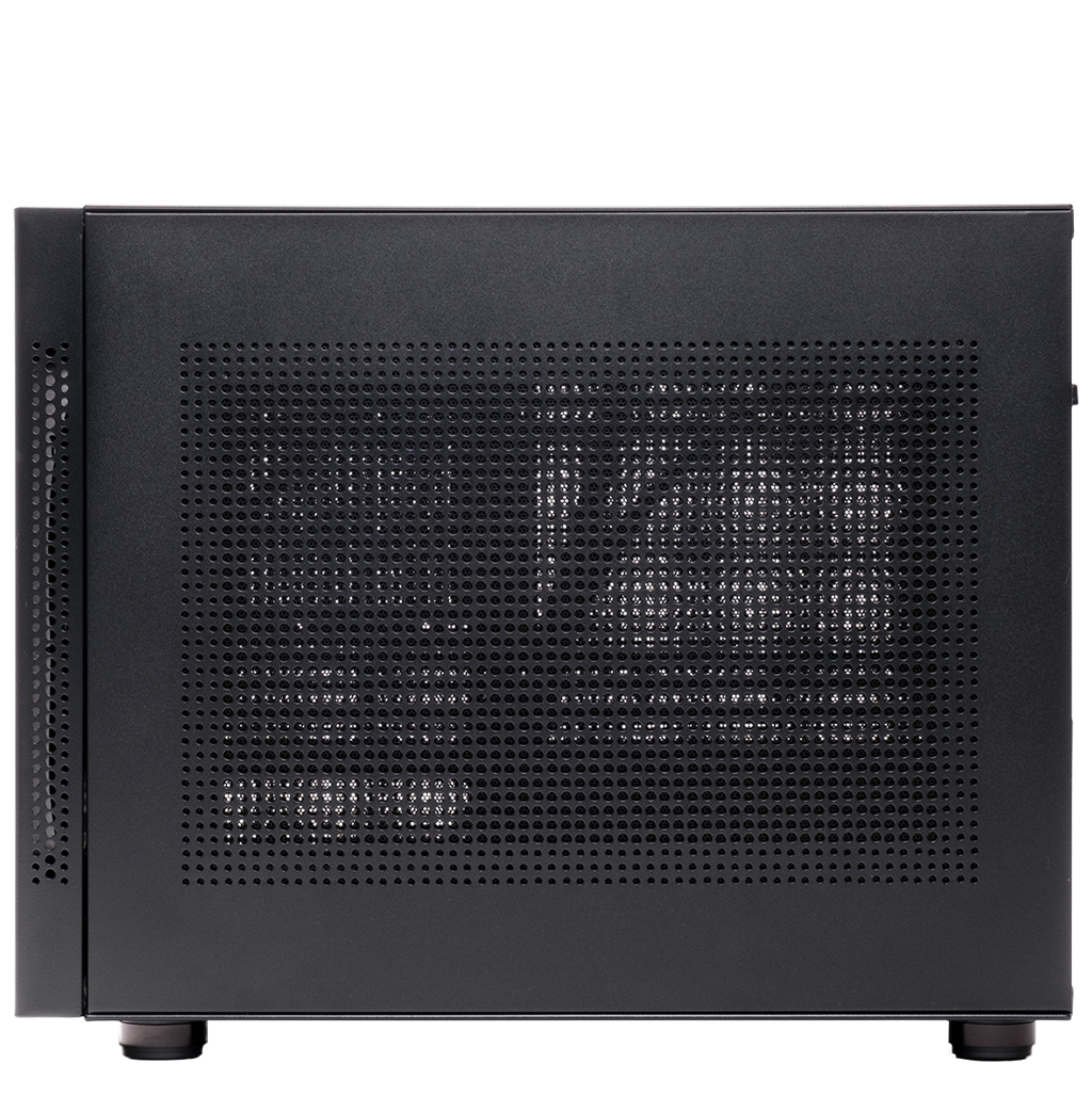 Un case per computer nero con un pannello laterale perforato, che rivela i componenti interni.
